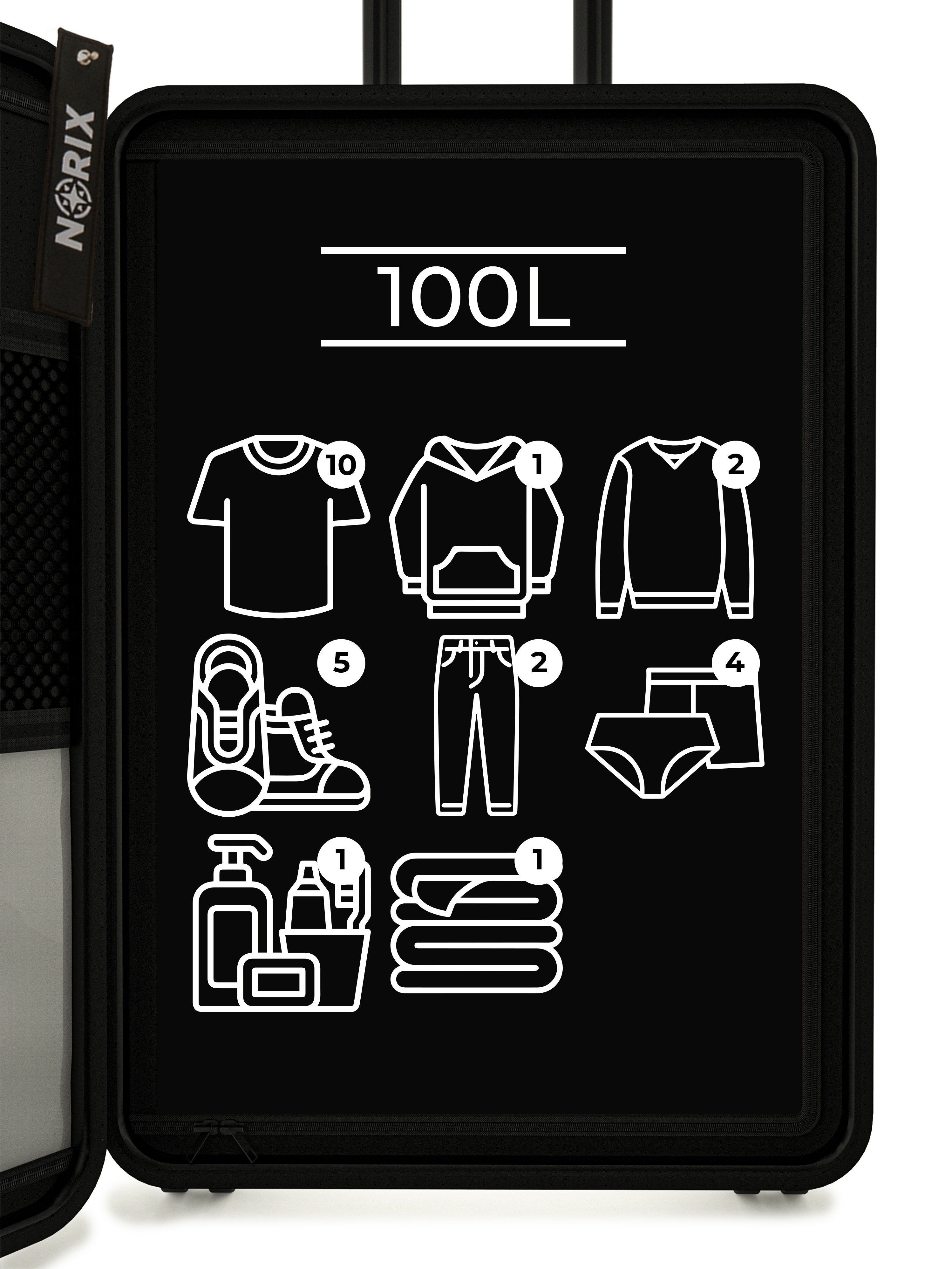 Open zwarte koffer met kleding erin. Het heeft een 100L-teken. Witte lijnen tonen kledingiconen.