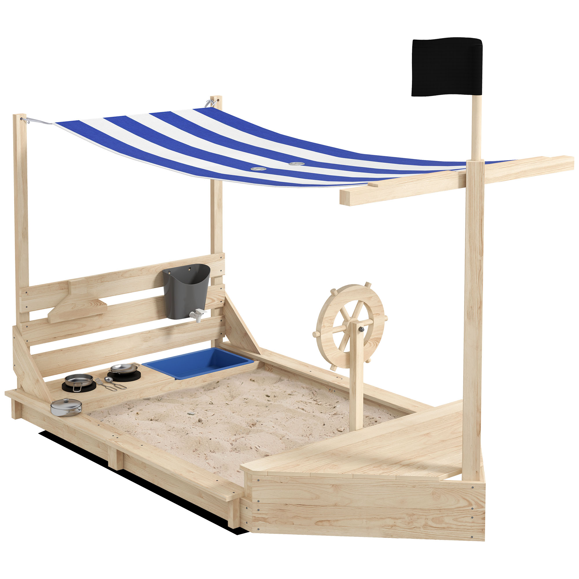 Una sabbiera in legno a forma di barca con una tenda a strisce e una bandiera.