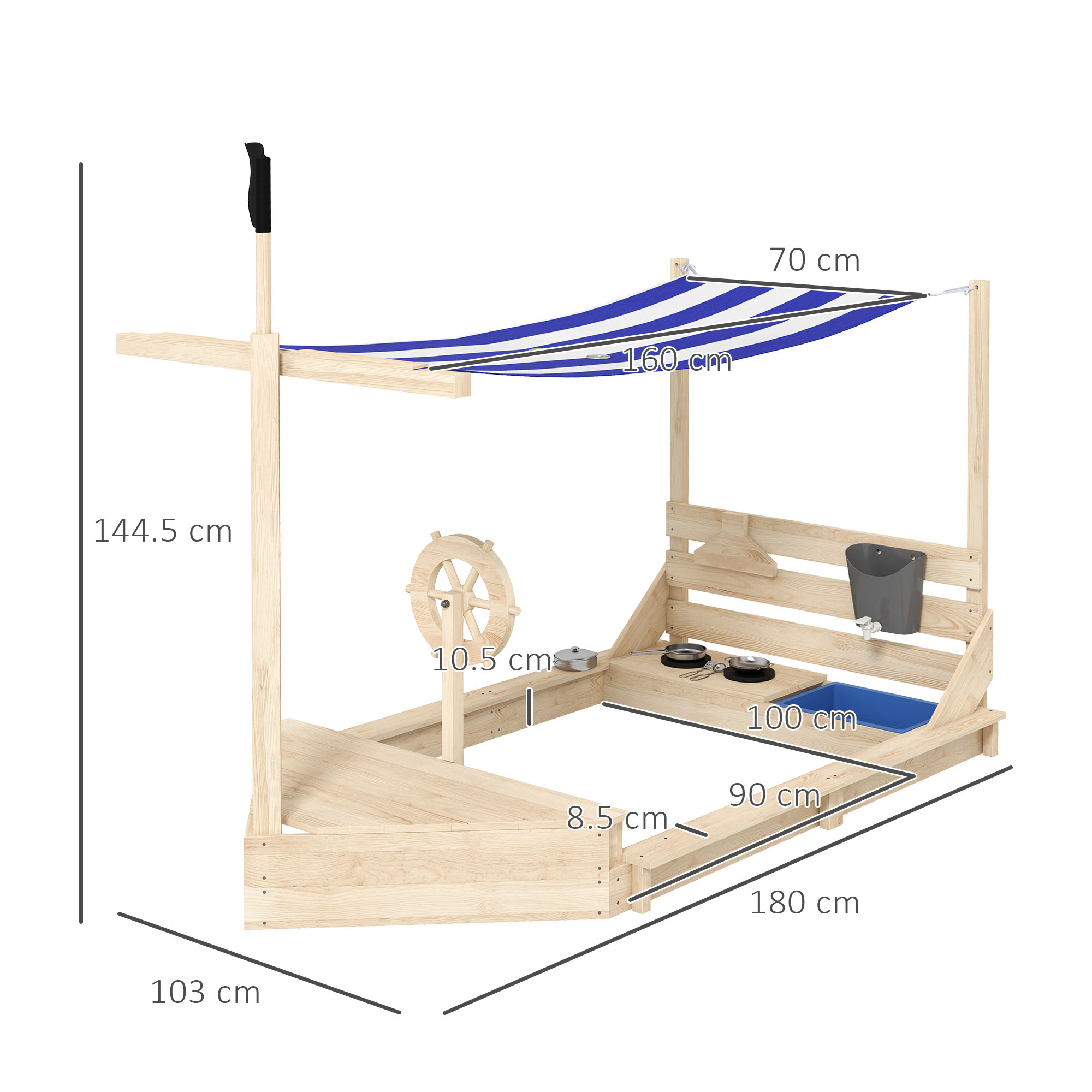 Sabbiere in legno con tettoia a strisce blu e bianche e dimensioni etichettate.