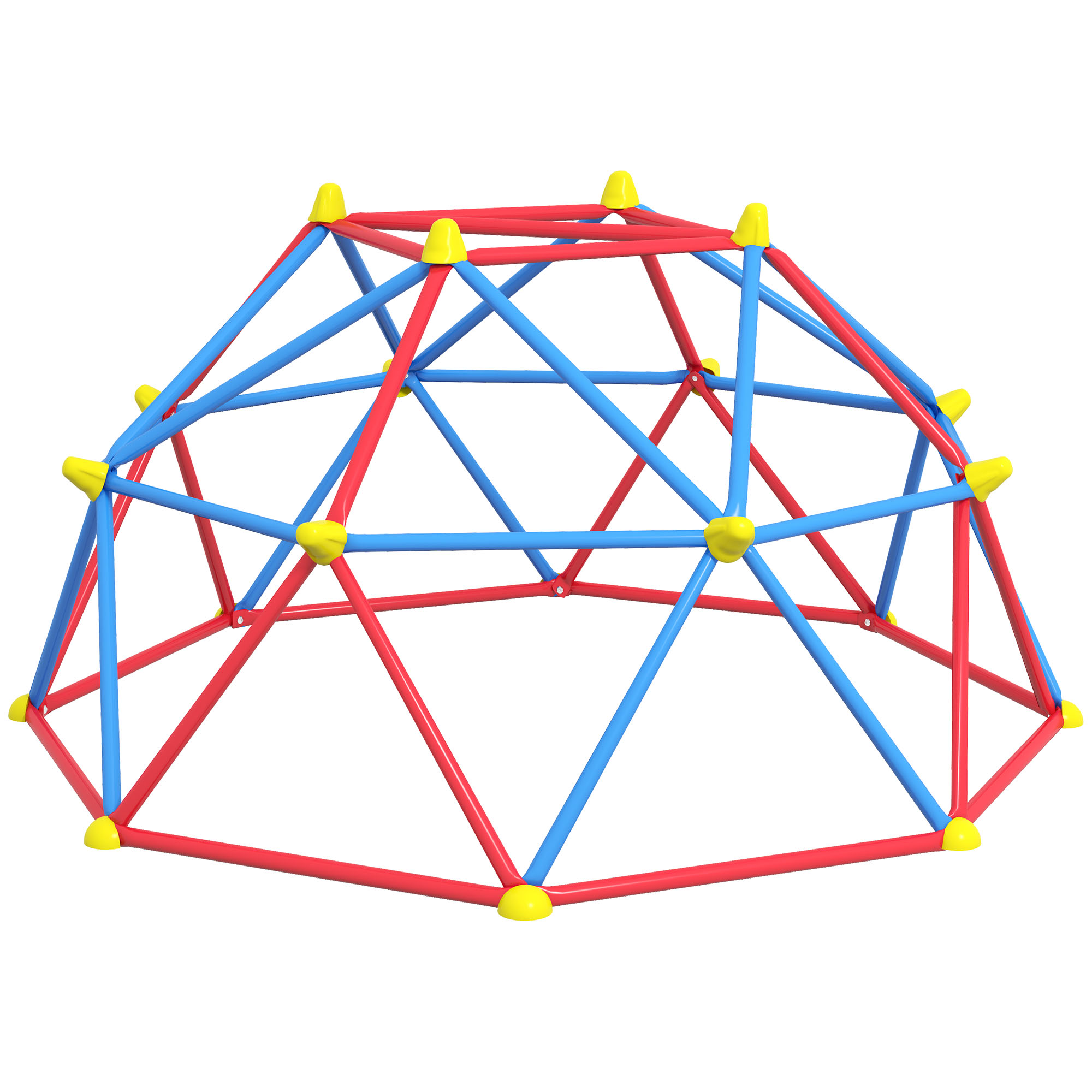 Una cupola di arrampicata colorata con barre rosse e blu e connettori gialli.