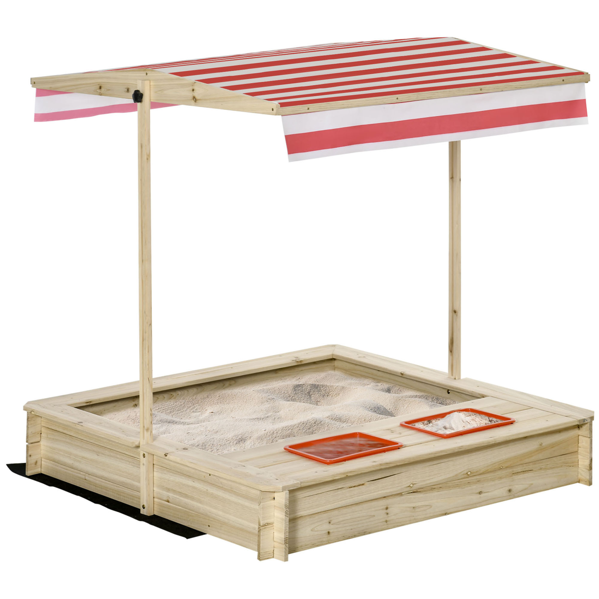 Sabbiera in legno con tenda a strisce rosse e bianche. Due vassoi arancioni sul lato.