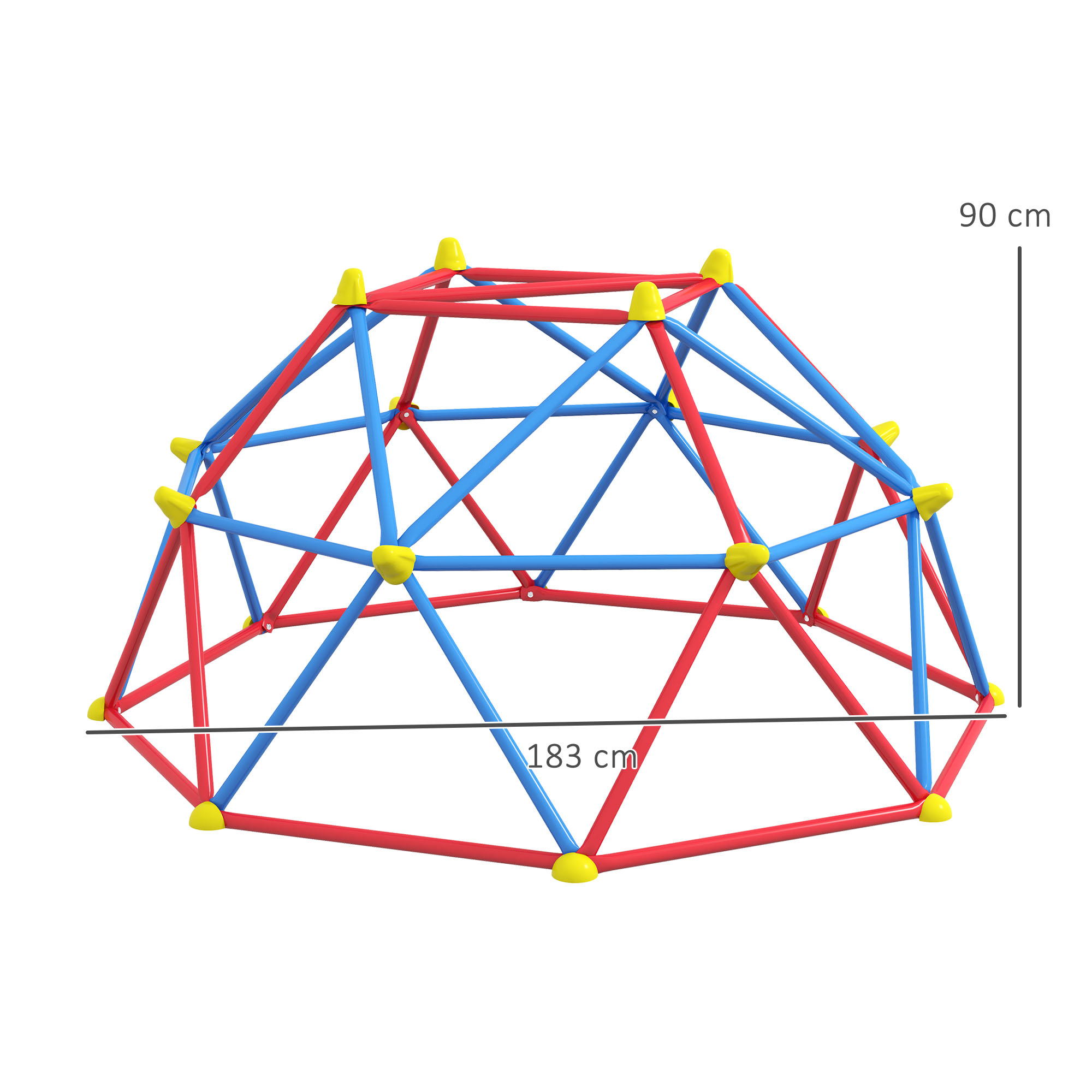 Cúpula de escalada azul, roja y amarilla con dimensiones etiquetadas sobre fondo blanco.
