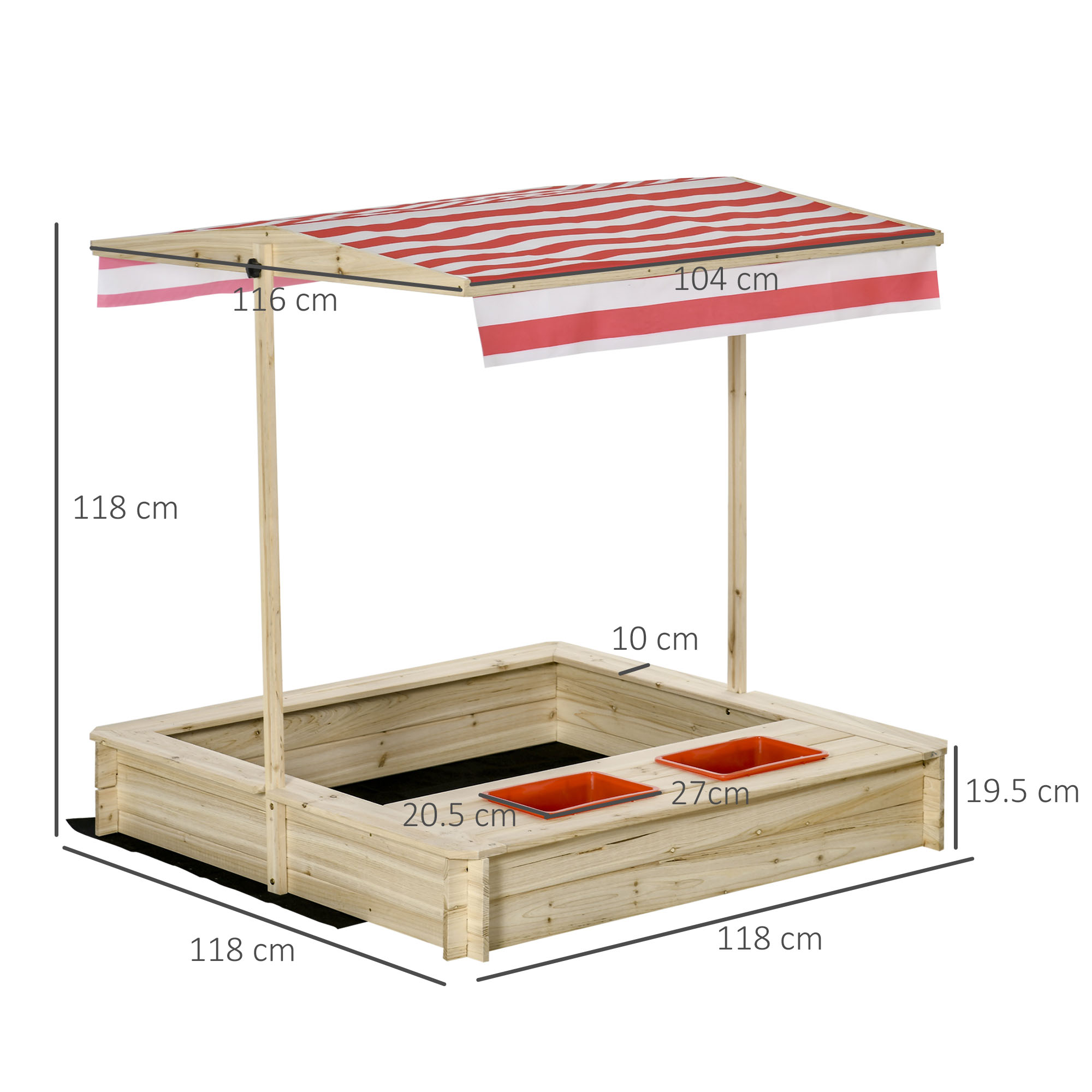 Una sabbiera in legno con una tettoia a strisce rosse e bianche. Le dimensioni sono indicate sui lati.