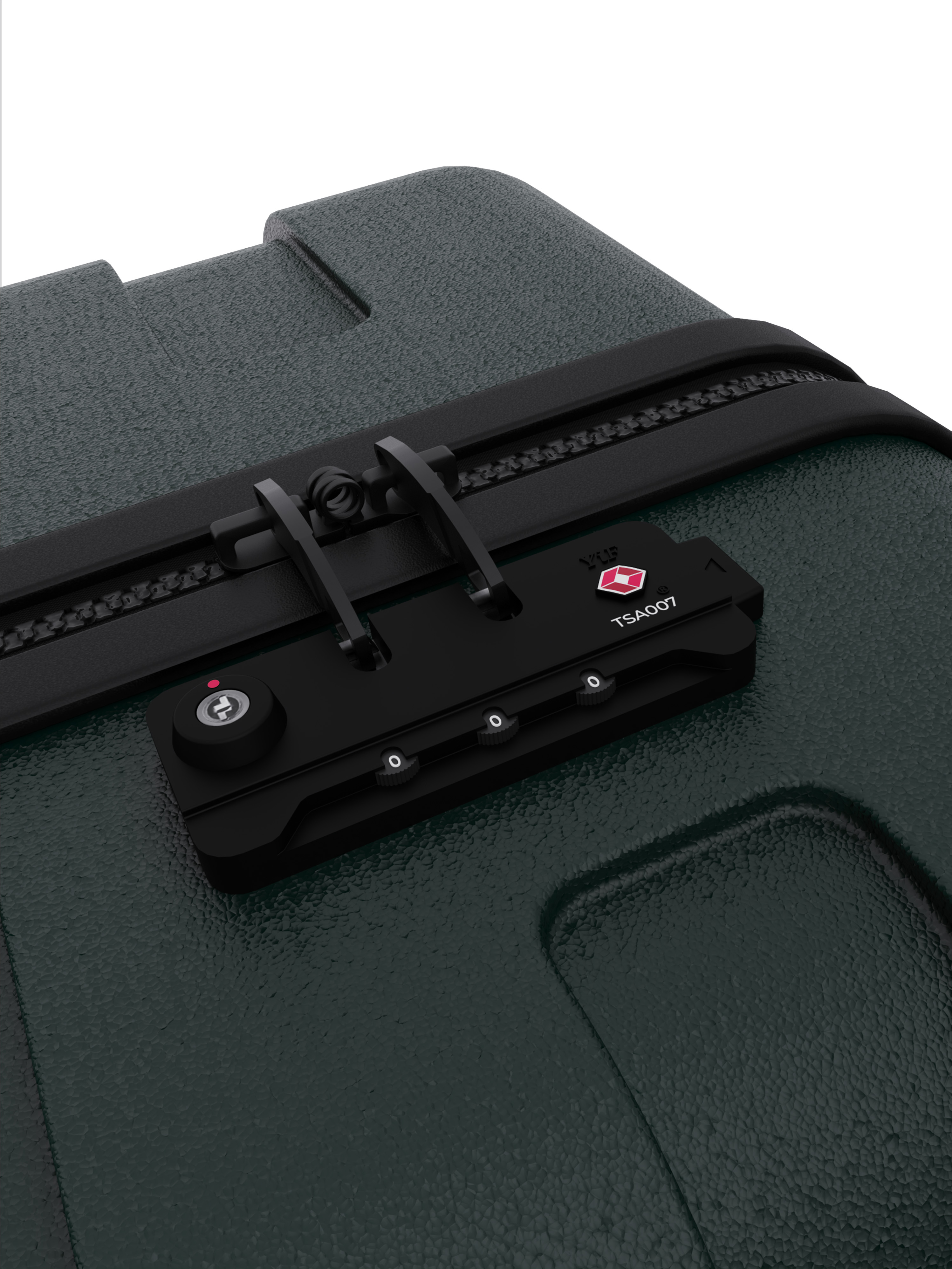 Close-up of a dark green suitcase with a black lock and a TSA007 security lock.
