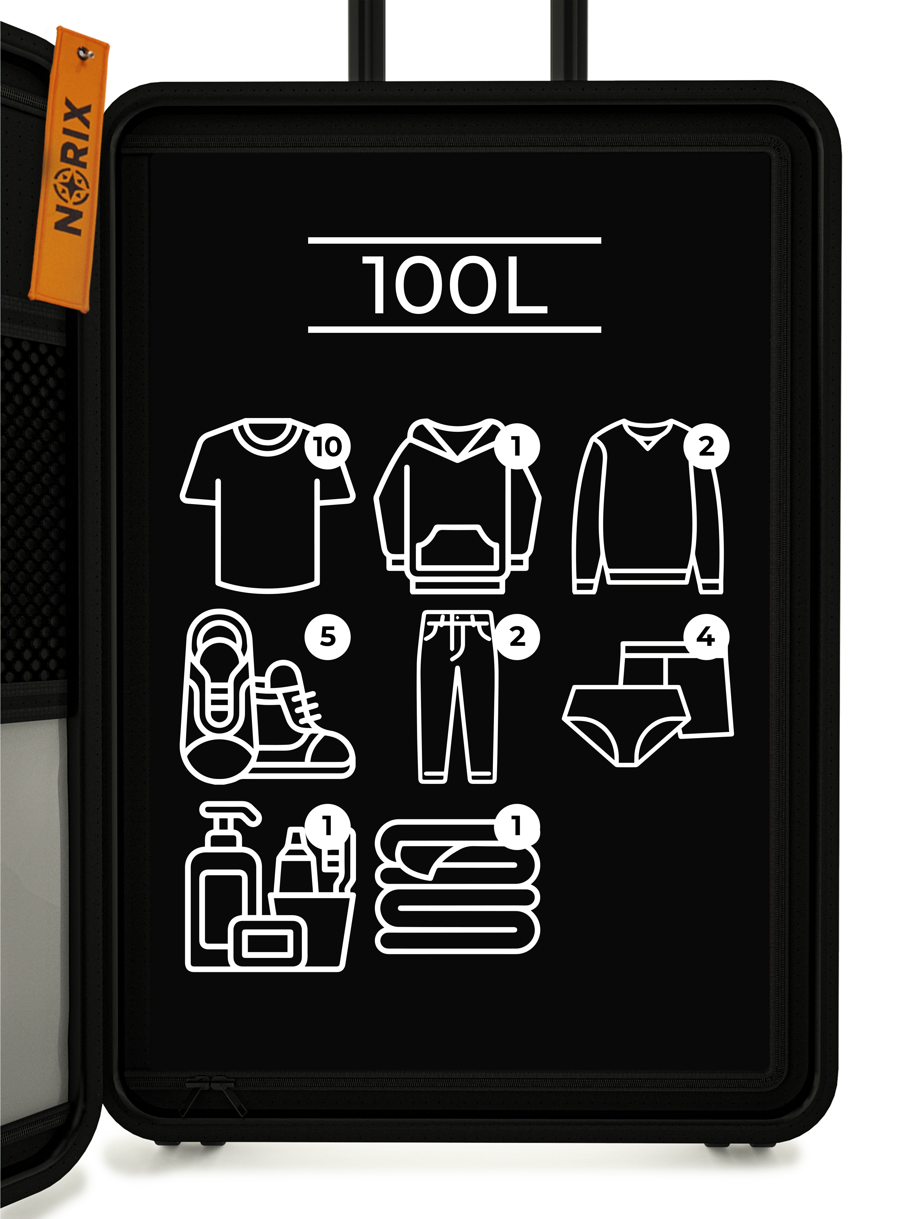 Black suitcase interior with packing guide, showing clothing items: shirts, hoodie, pants, shoes, and towels.