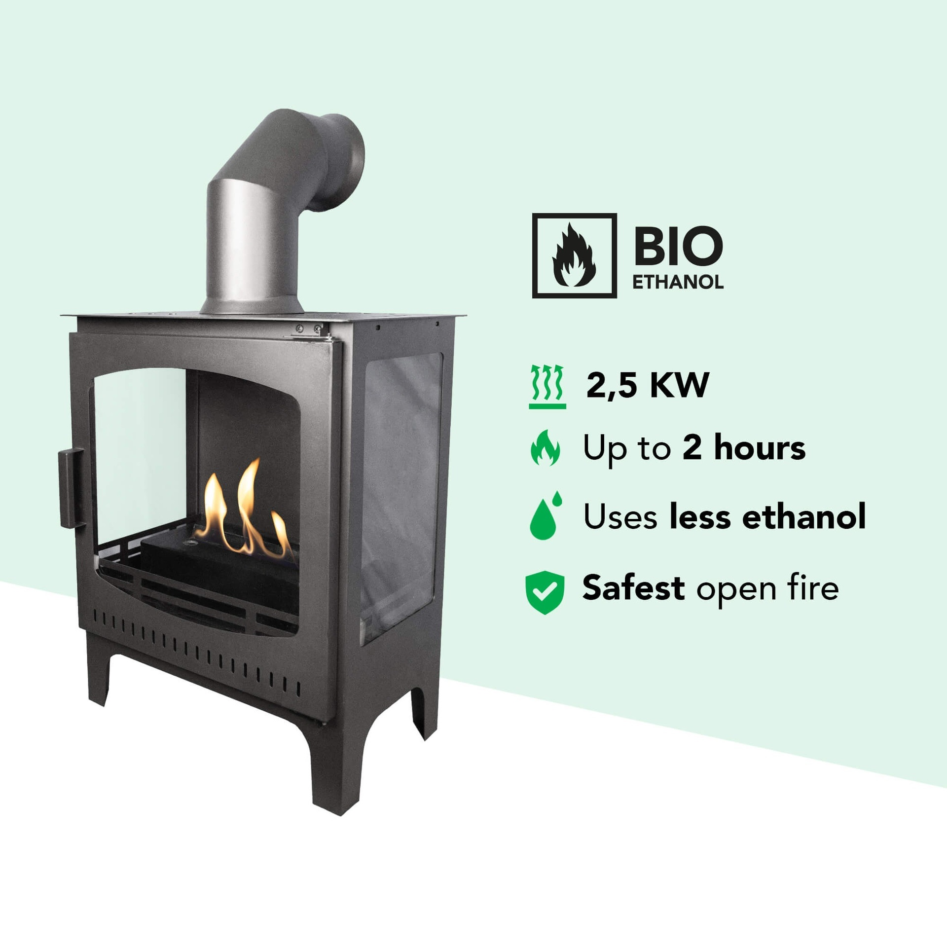 Een zwarte bio-ethanol haard met vlammen binnenin. Het heeft een schoorsteen en een groene achtergrond met tekst.