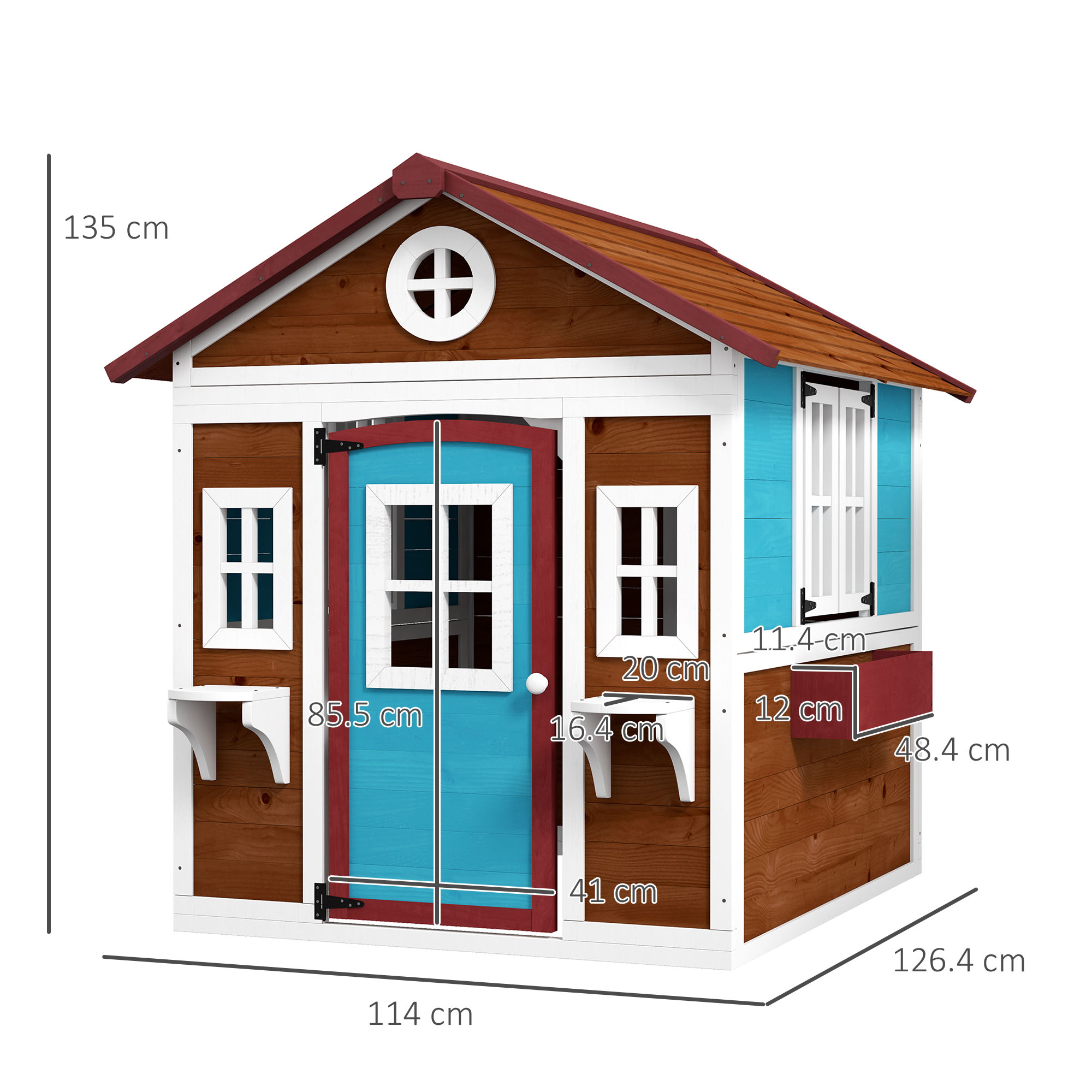 Una casetta di legno con dimensioni. La porta è blu e il tetto rosso.
