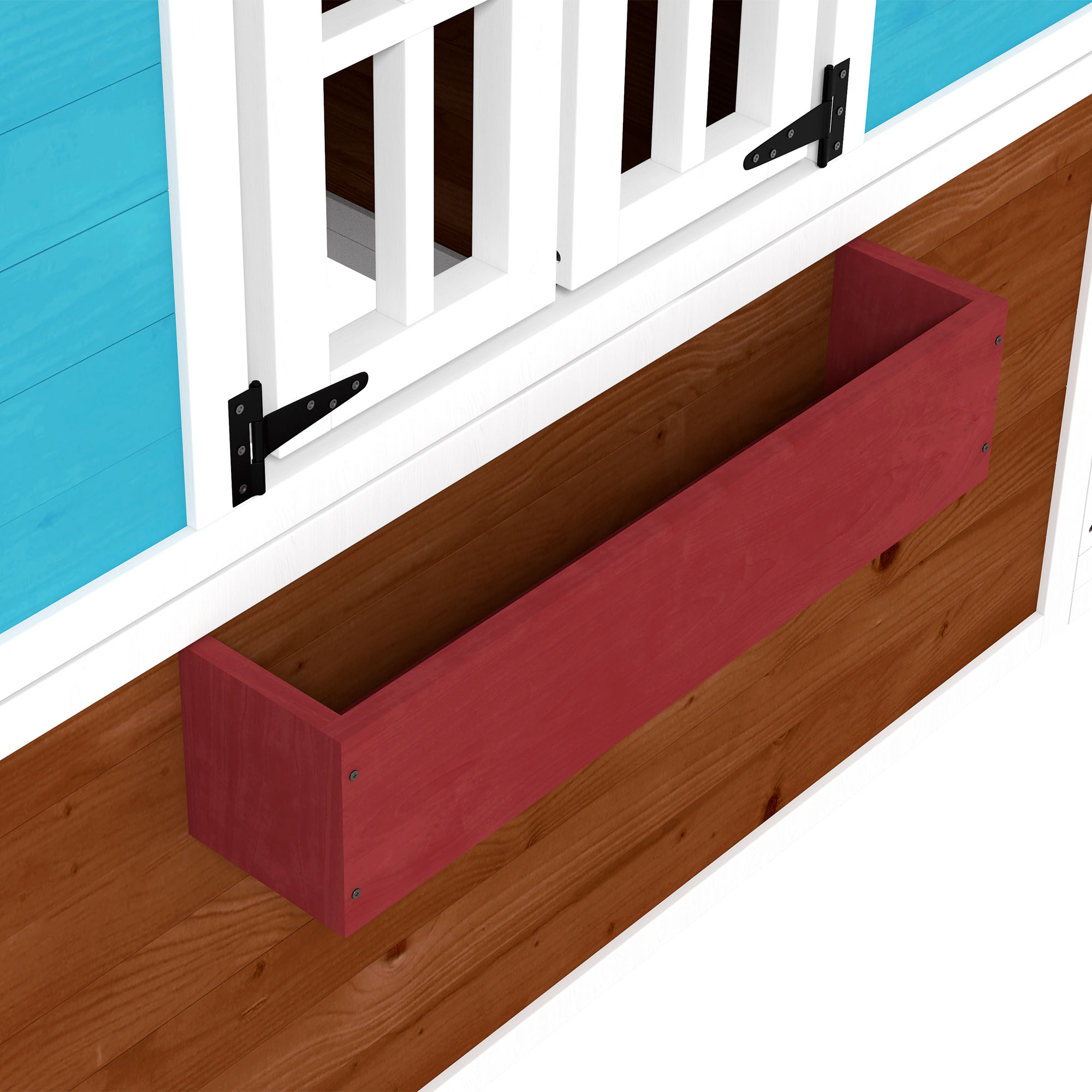Primo piano di una fioriera in legno rosso fissata a un muro. Cornice della finestra bianca sopra.