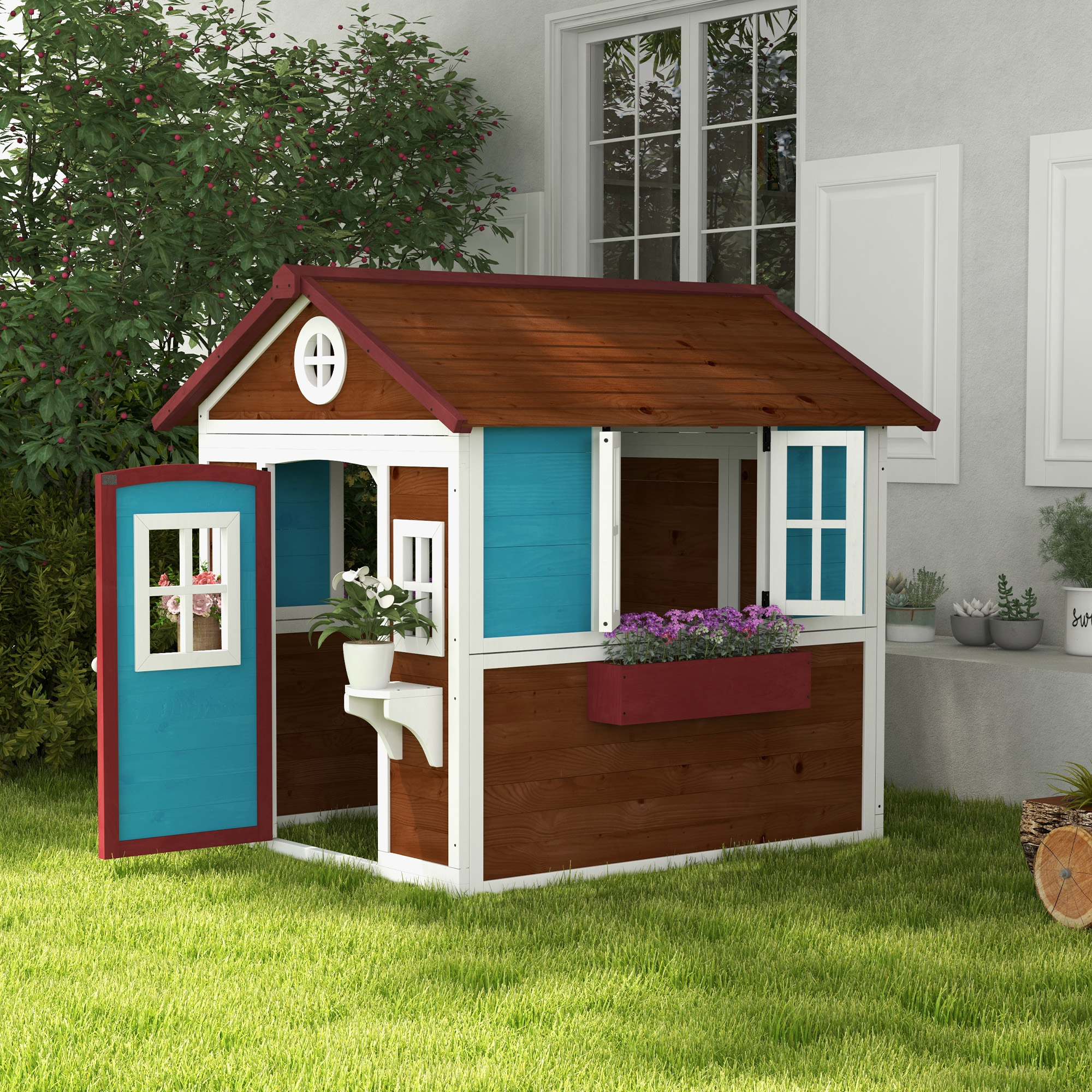 Una casa de juegos de madera con techo marrón, puerta y ventanas azules y un jardín de flores rojo.