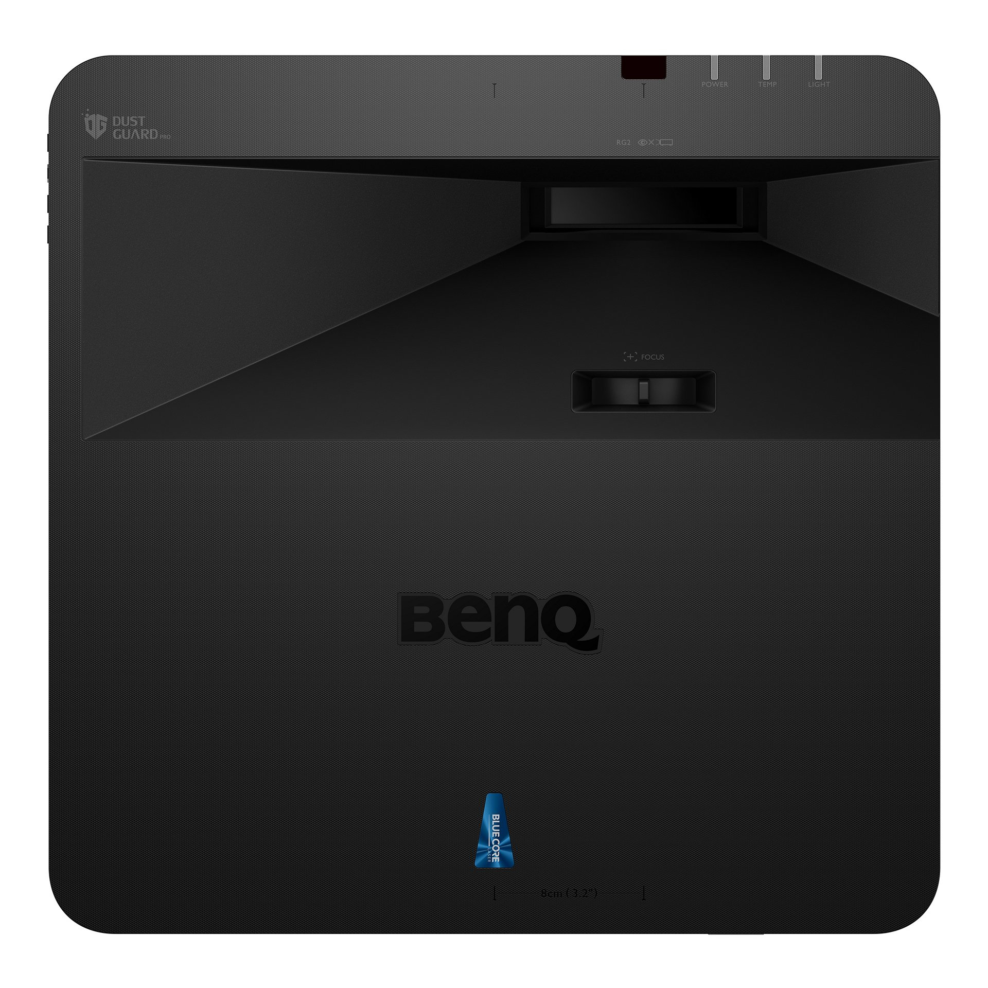 Proiettore nero con logo BenQ, vista dall'alto, con controlli luce e messa a fuoco.