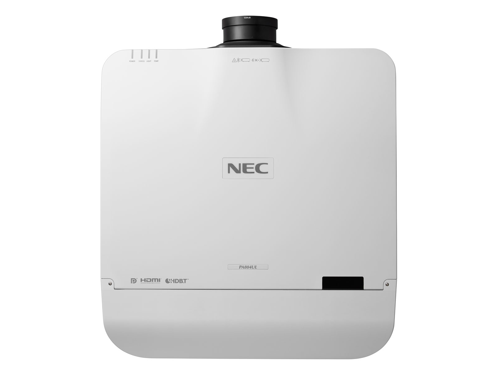 Ein weißer NEC-Projektor mit schwarzer Linse und oben montiertem Bedienfeld, isoliert auf weißem Hintergrund.