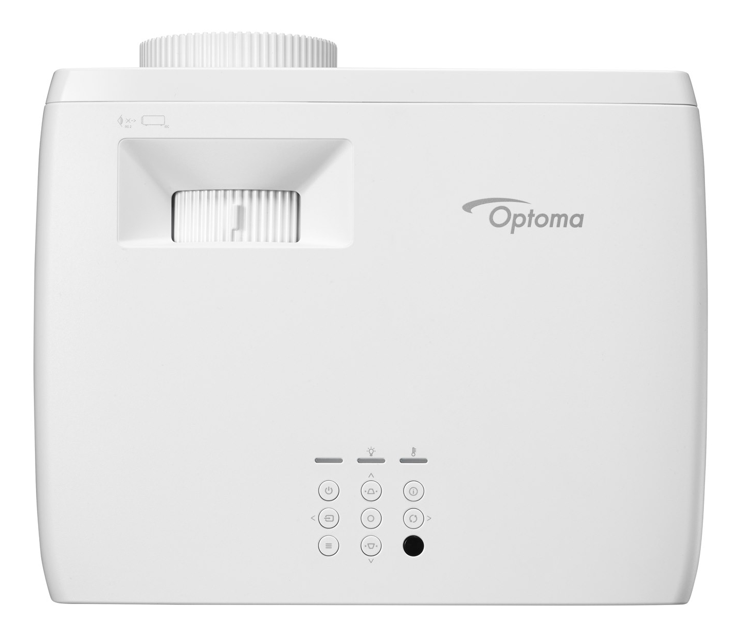 Biały projektor Optoma, widok z przodu, z kontrolkami i nazwą marki, na białym tle.