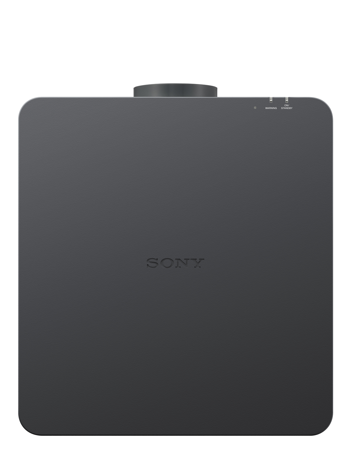 Un projecteur gris foncé, montrant l'arrière, avec le logo SONY sur une surface blanche.