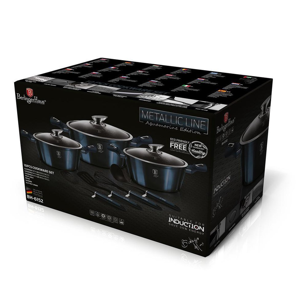Juego de utensilios de cocina en una caja negra. Ollas y sartenes con asas y tapas negras, y utensilios de cocina.