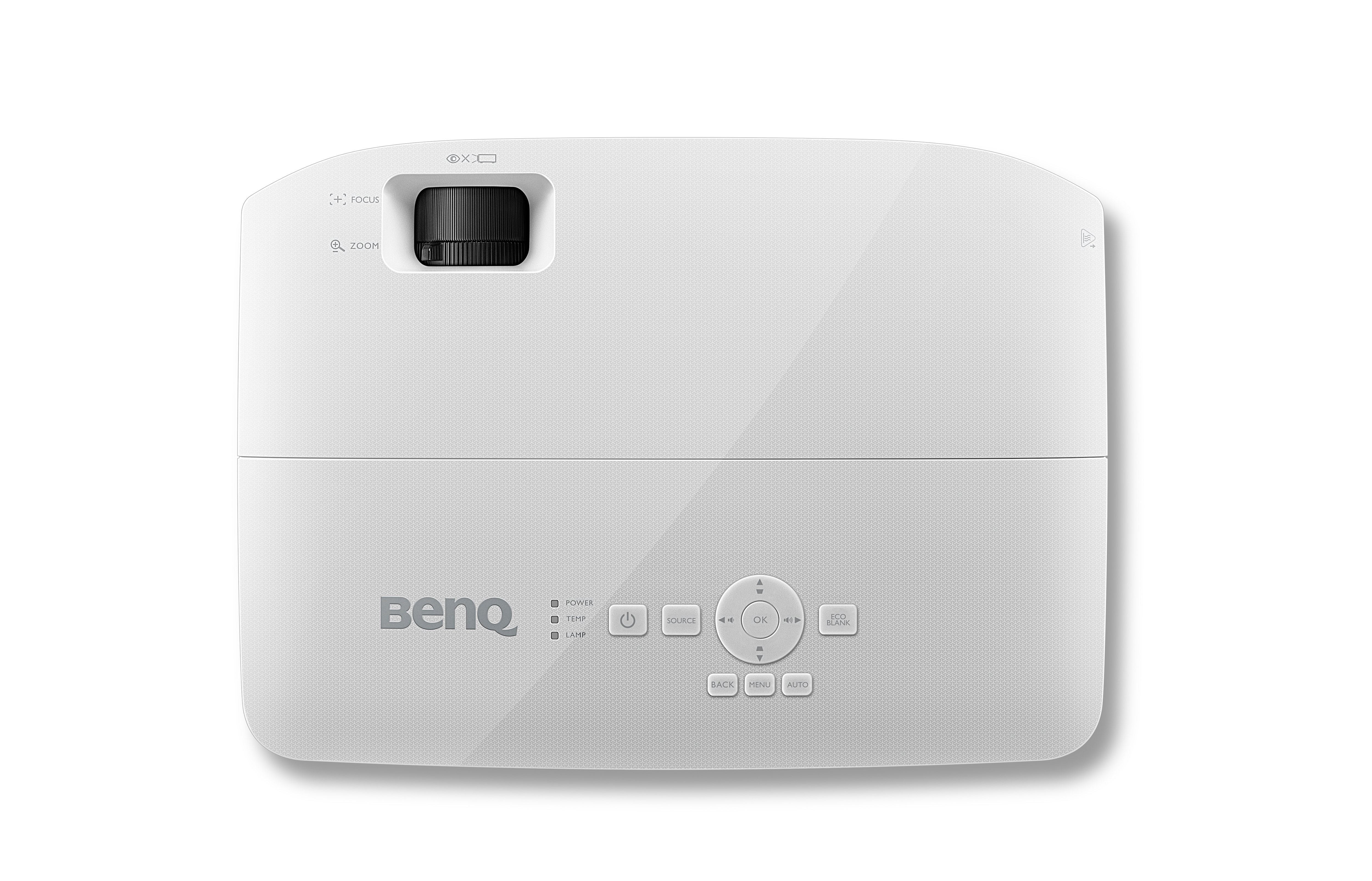 Proiettore BenQ bianco con pulsanti di controllo in alto. Lente nera e ventilazione. Sfondo bianco.