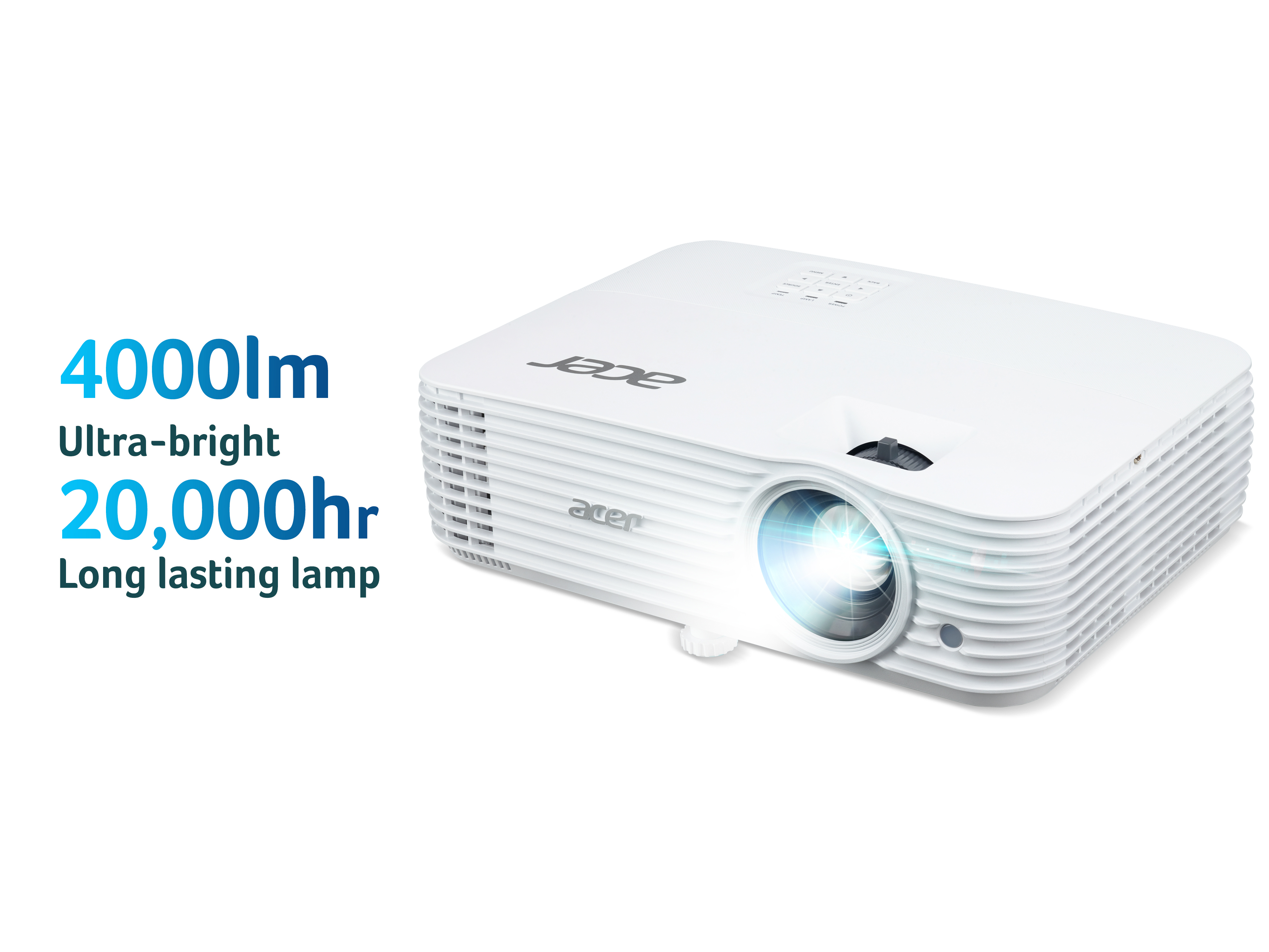 Biały projektor Acer wyświetlający światło, z tekstem wskazującym jasność i żywotność lampy.