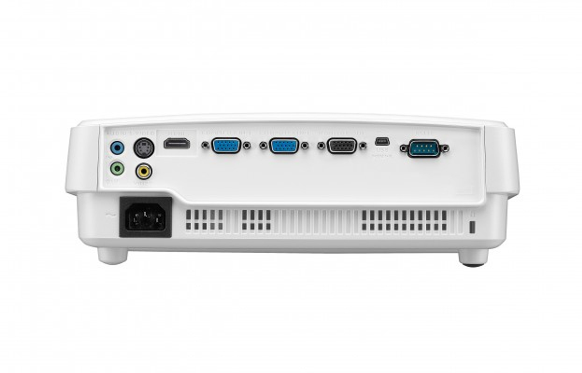 La parte posteriore di un proiettore bianco con varie porte, tra cui HDMI, USB e ingressi audio.