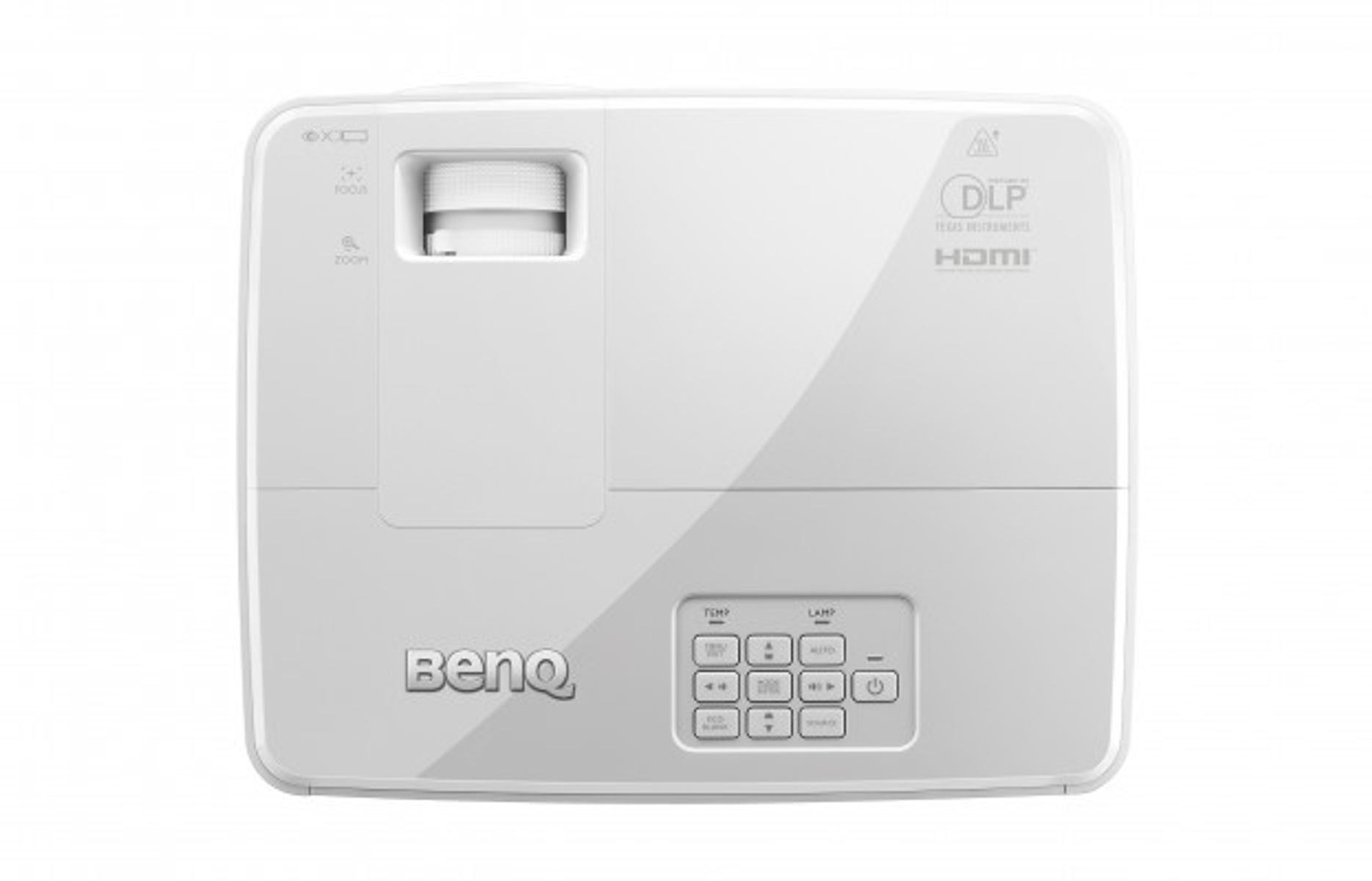 Proiettore BenQ bianco, vista dall'alto, con pulsanti e lente, su una superficie bianca.