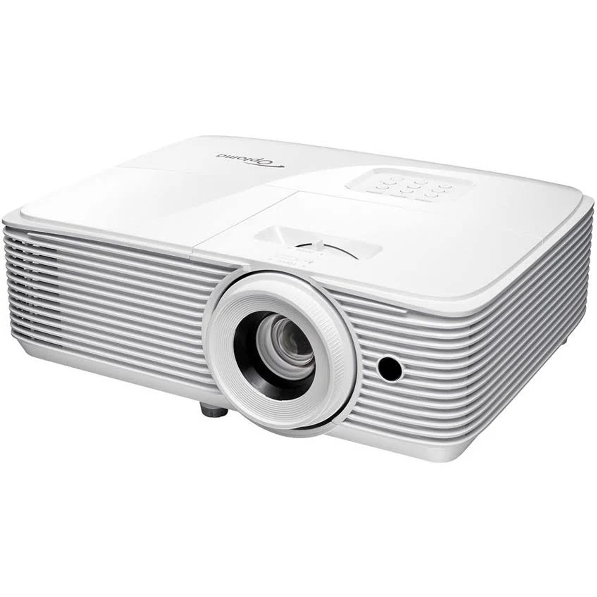 Proiettore Optoma bianco, vista angolata, con lente e pulsanti di controllo visibili.