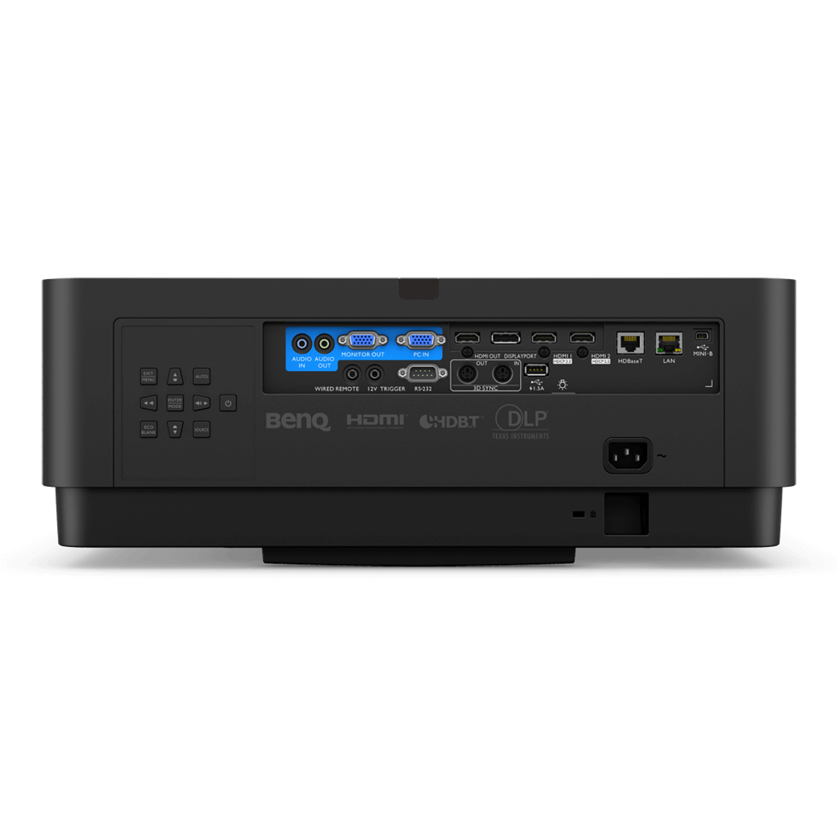 Retro di un proiettore nero con porte tra cui HDMI, LAN e ingresso di alimentazione.