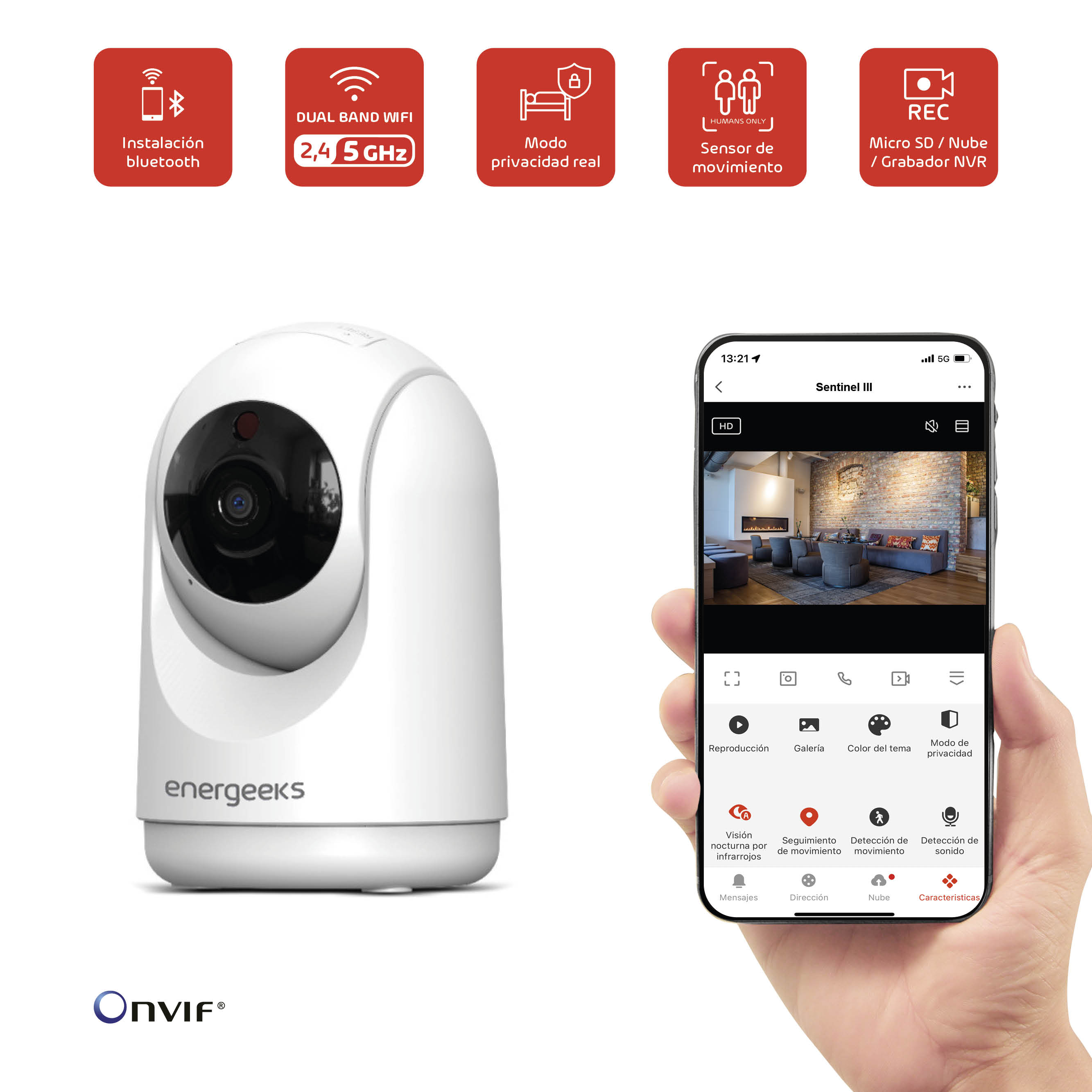 Cámara de seguridad blanca con un teléfono mostrando vista interior e iconos de la aplicación.