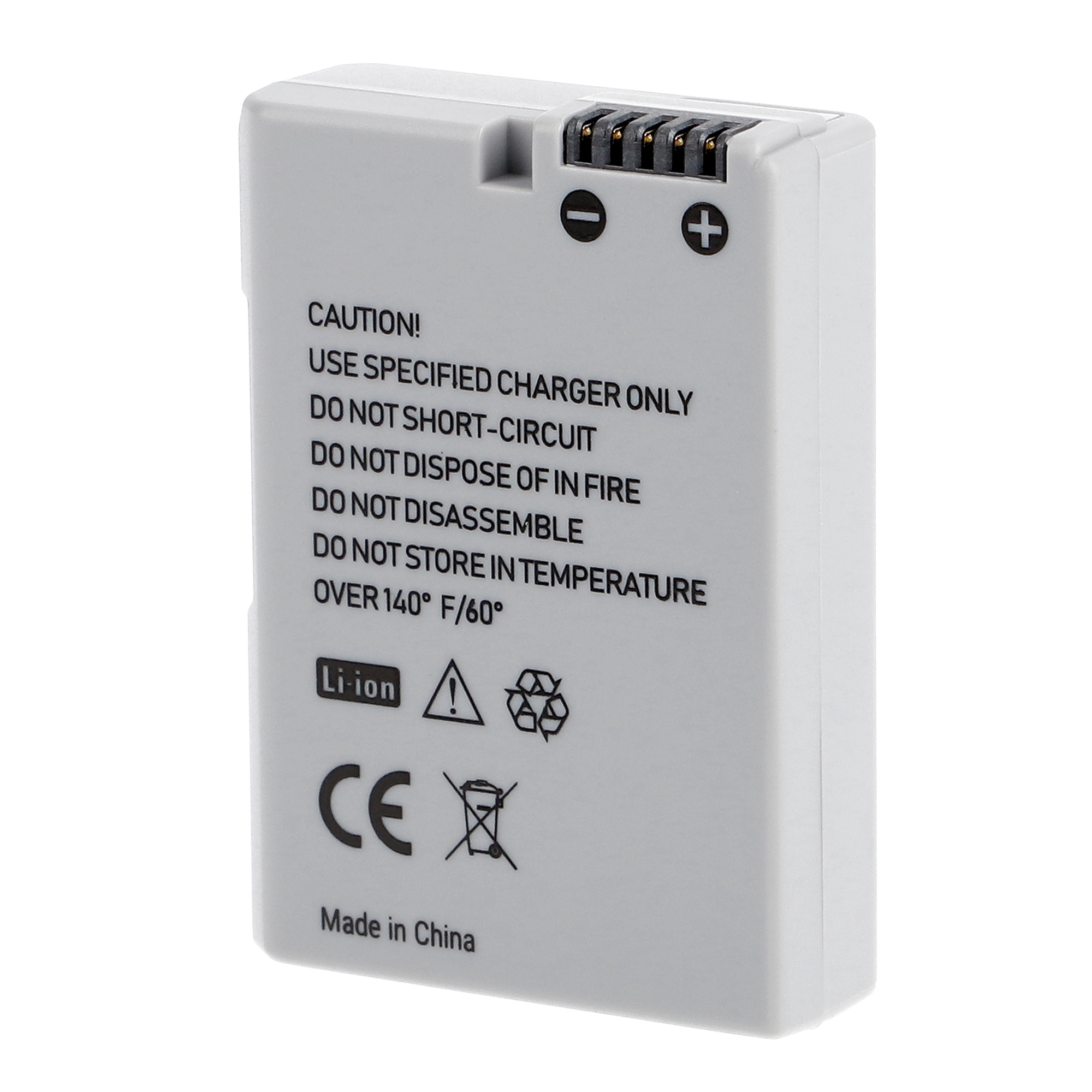 Weiße Batterie mit Warnhinweis und CE-Zeichen. Enthält Sicherheitshinweise.
