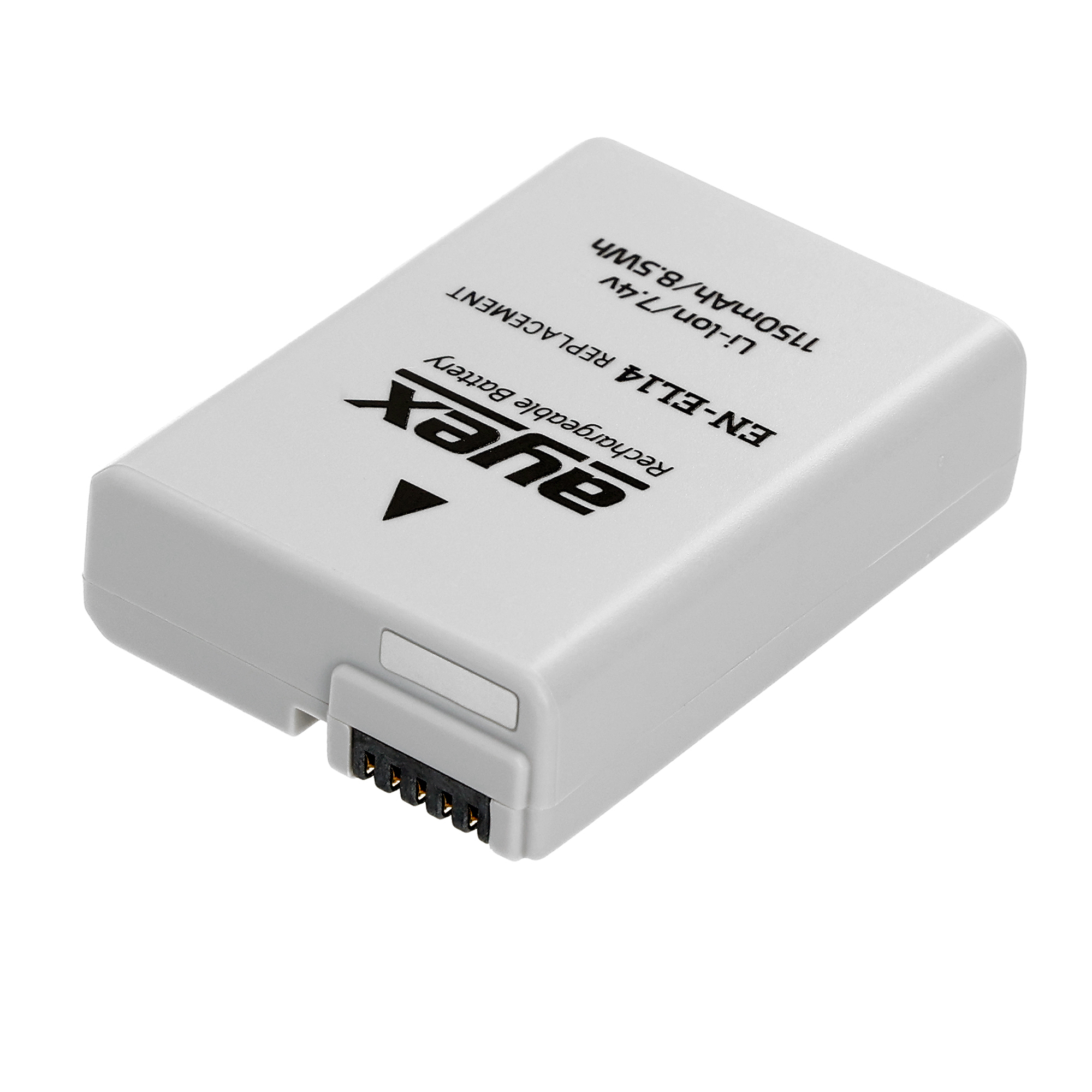 Graue rechteckige Batterie mit schwarzem Stecker und schwarzem Dreieck. Mit weißem Etikett.