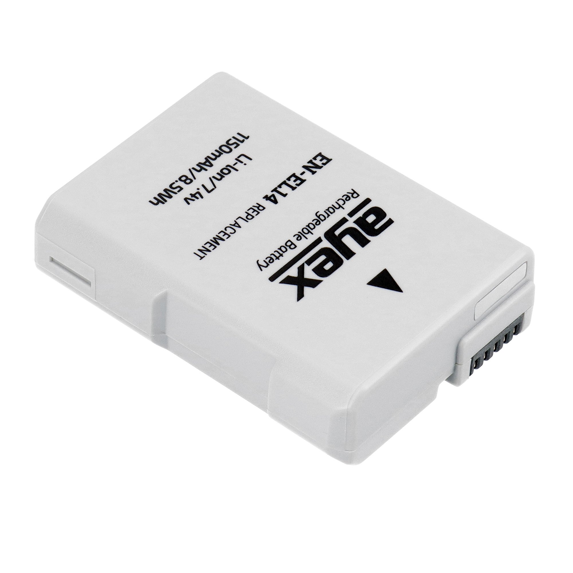 Ein weißer Ersatzakku für eine Kamera mit der Aufschrift "ayex Rechargeable Battery EN-EL14".