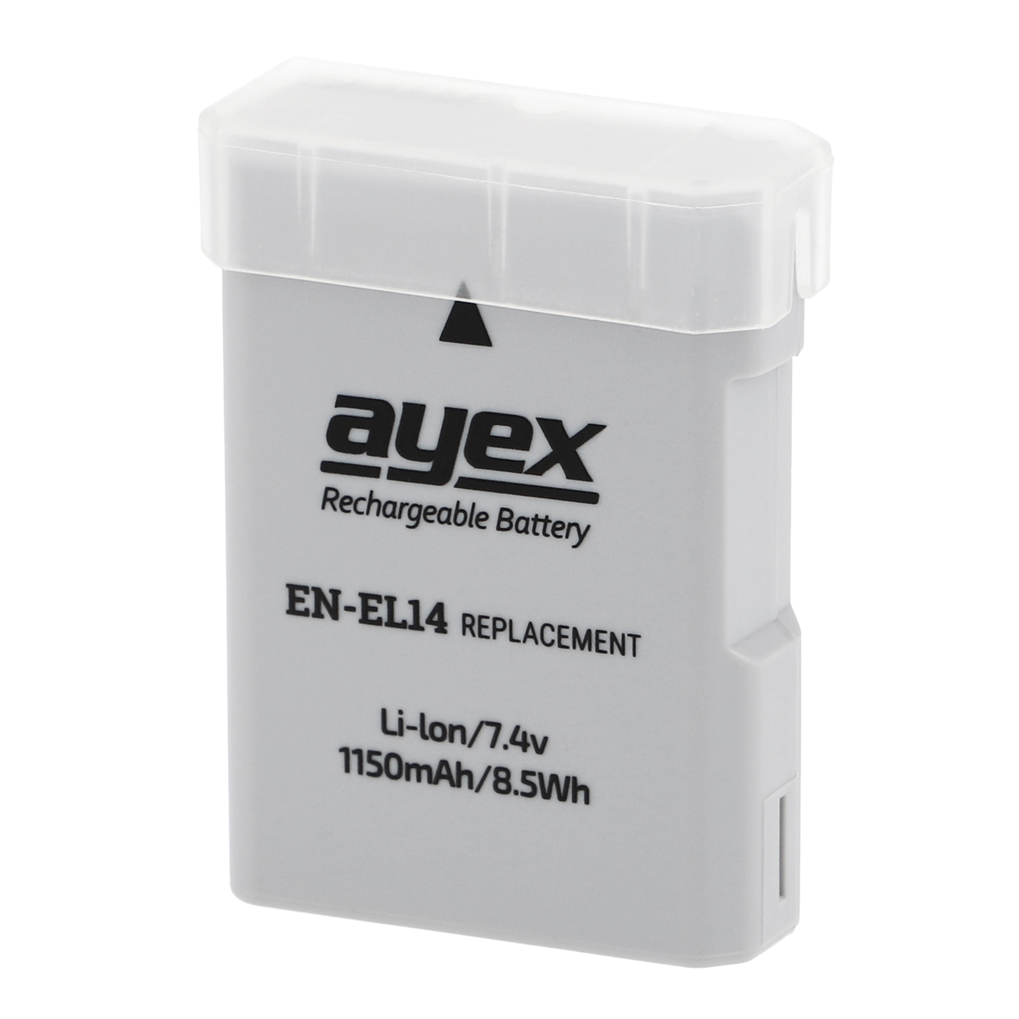 Eine graue Batterie mit der Aufschrift 'ayex Rechargeable Battery' und der Modellnummer. Sie hat einen weißen Deckel.