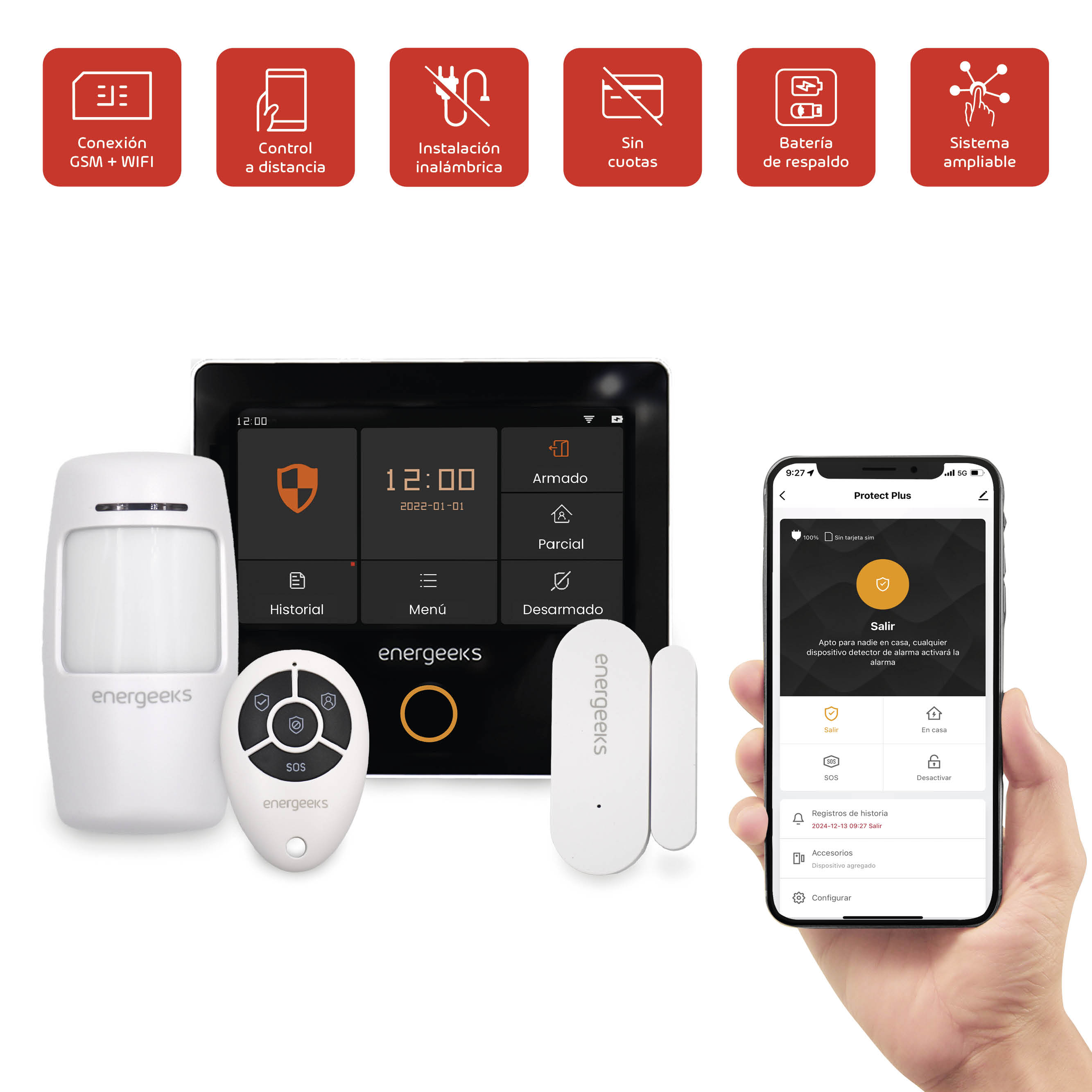 Un sistema de seguridad para el hogar con panel de control, mando, sensor de puerta y pantalla.