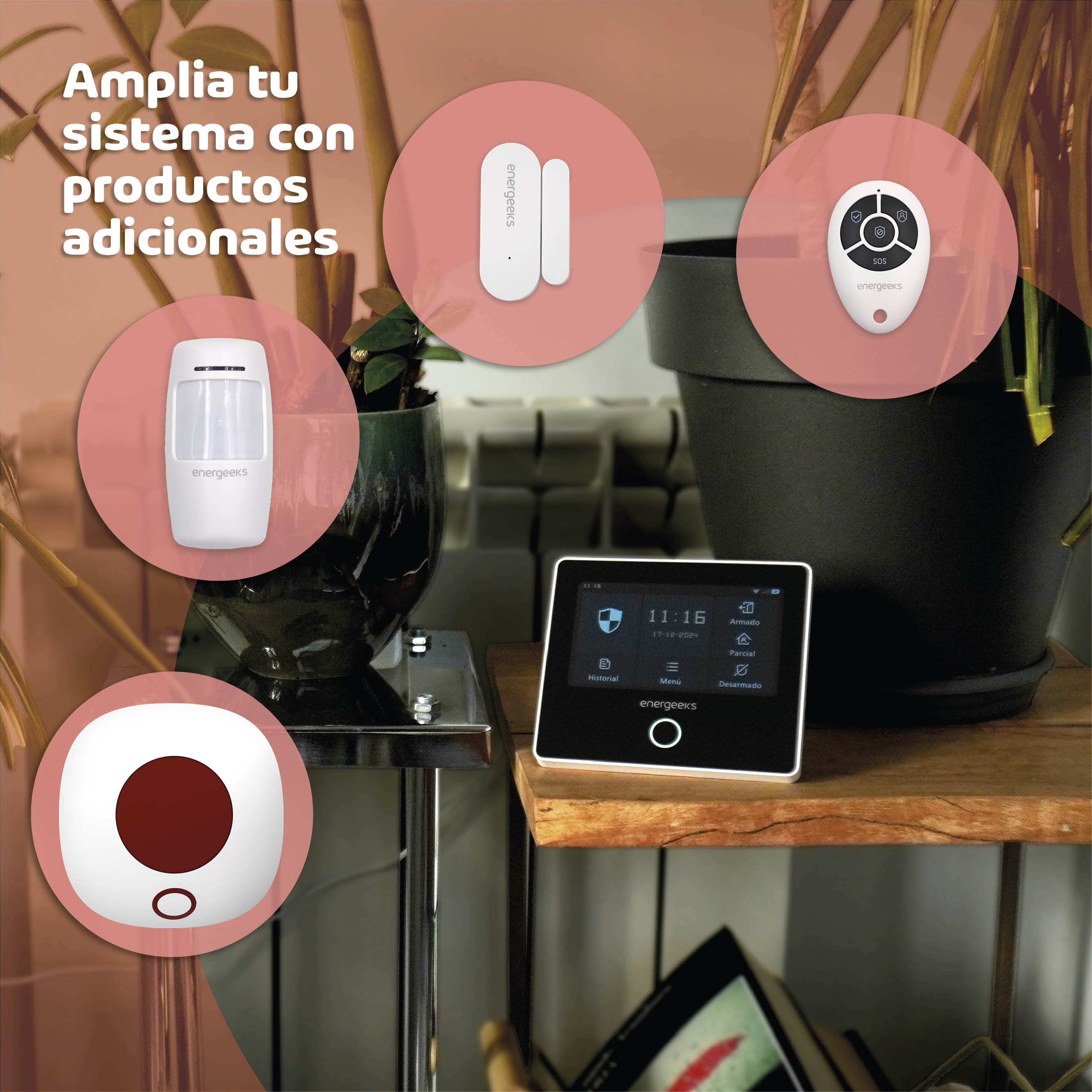 Componentes del sistema de seguridad del hogar. Incluye un panel de control, sensor de puerta, detector de movimiento y mando a distancia.
