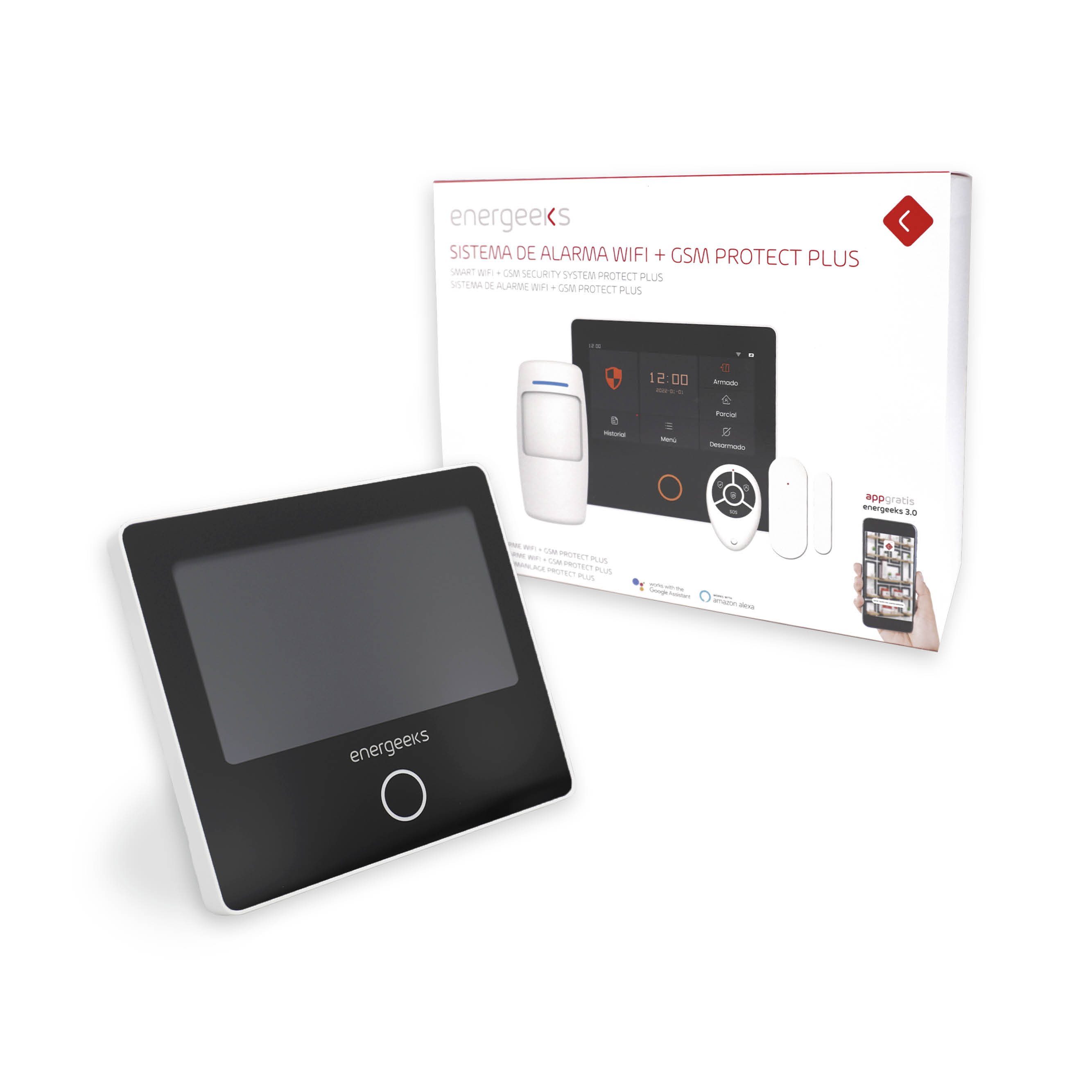 Caja del sistema de alarma doméstica Energeeks, con el dispositivo y accesorios.