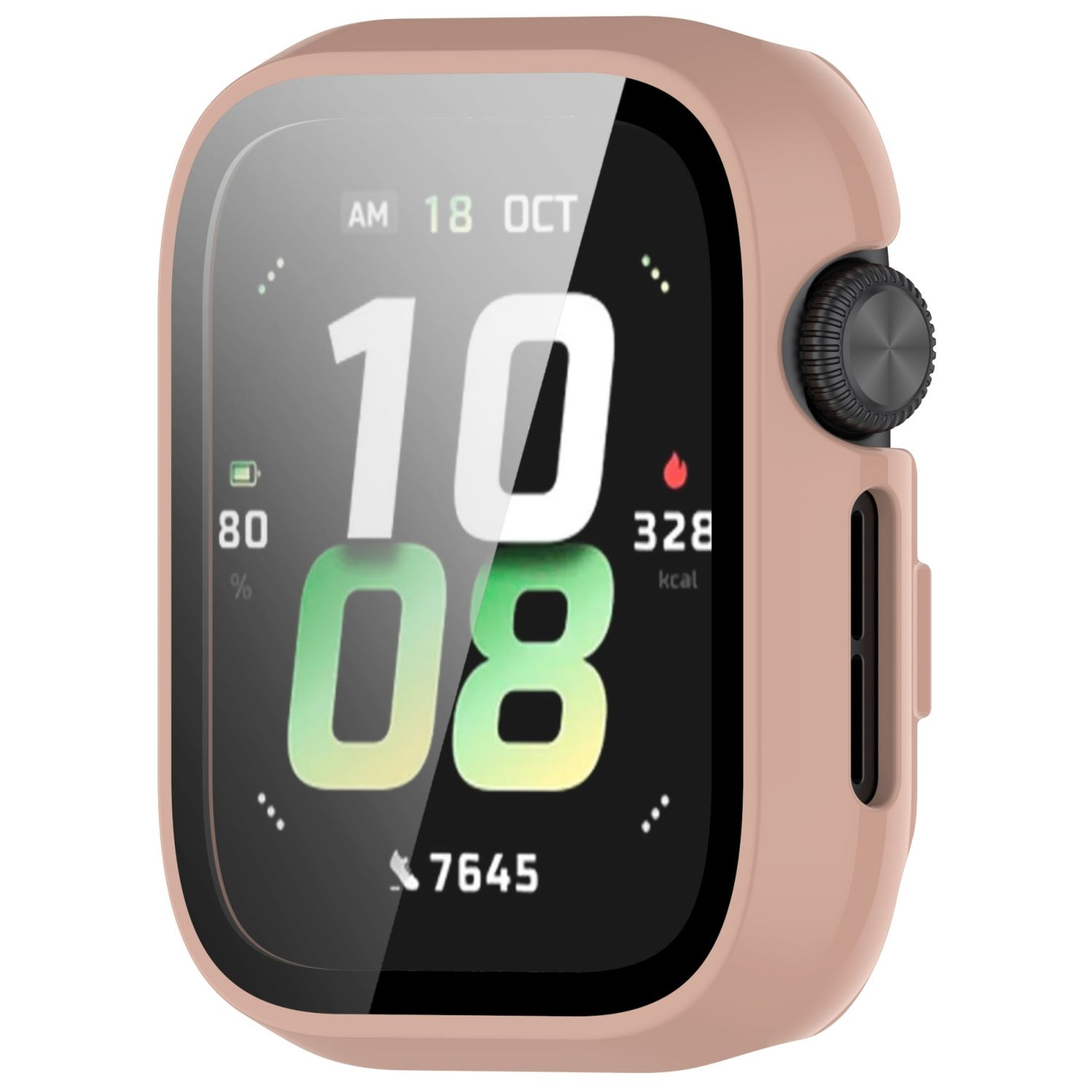 Uno smartwatch rosa con uno schermo che mostra data, ora e metriche di salute.