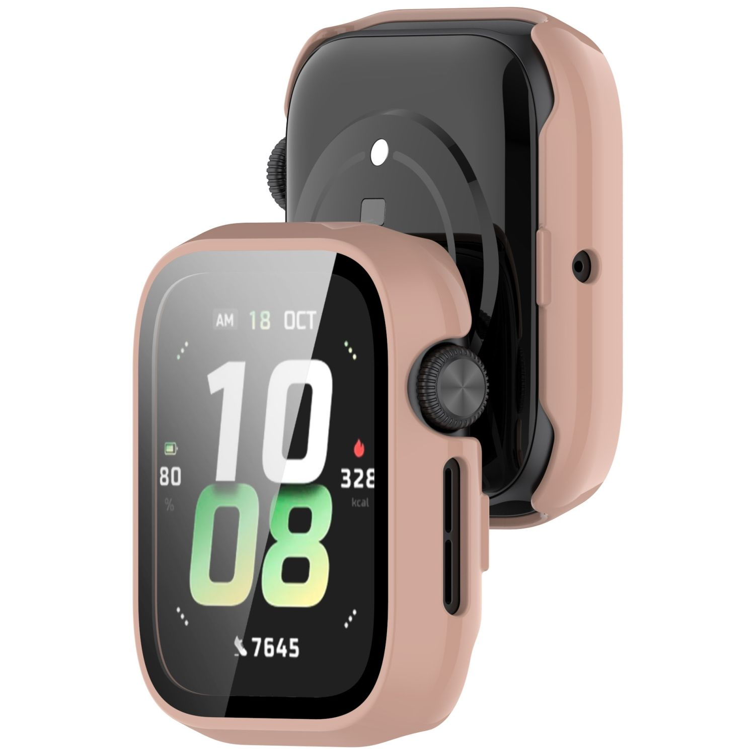 Uno smartwatch in una custodia rosa che mostra l'ora, la batteria e altre metriche. Il secondo è dietro.