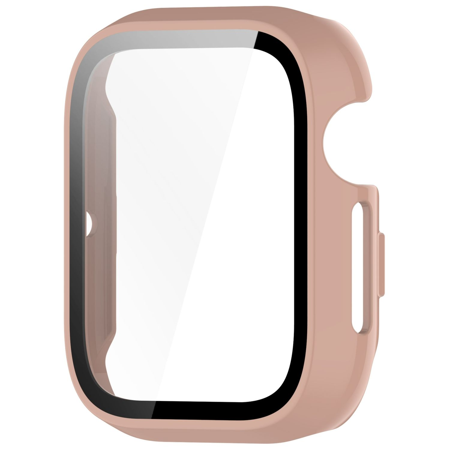 Una custodia per orologio color rosa con una protezione schermo trasparente.