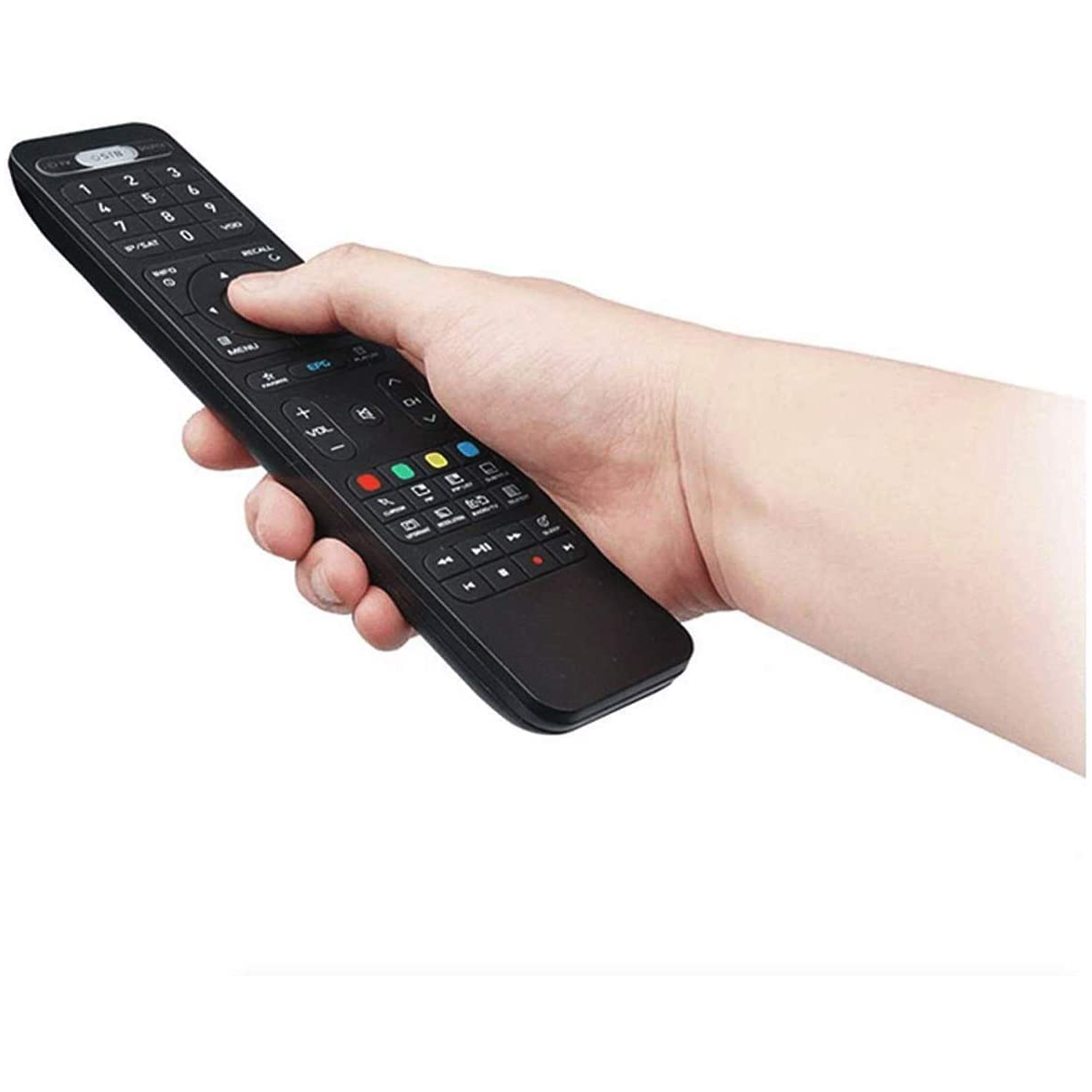 Eine Hand hält eine schwarze Fernbedienung mit vielen Knöpfen. Die Knöpfe sind weiß beschriftet.
