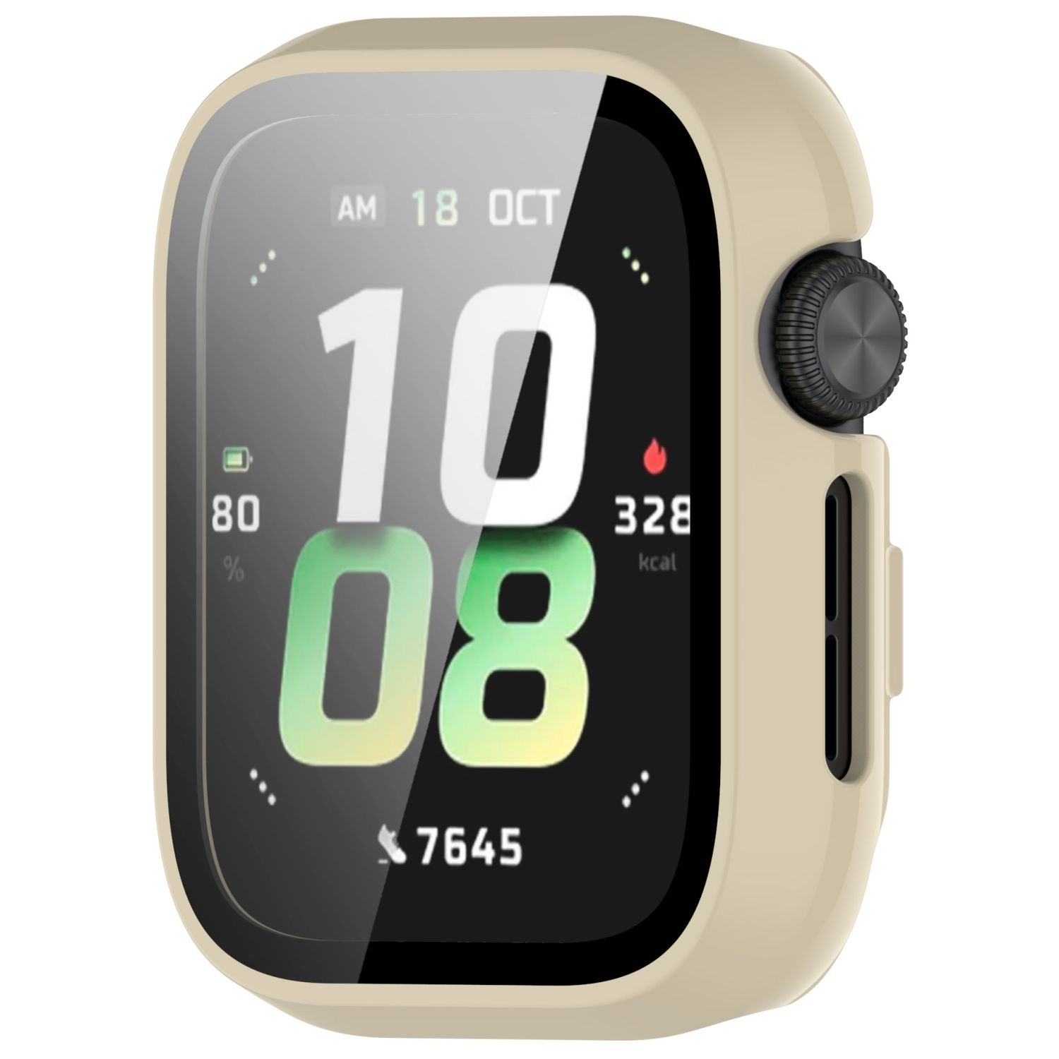 Eine Smartwatch mit beigem Gehäuse, die Uhrzeit, den Batteriestand und andere Daten anzeigt.