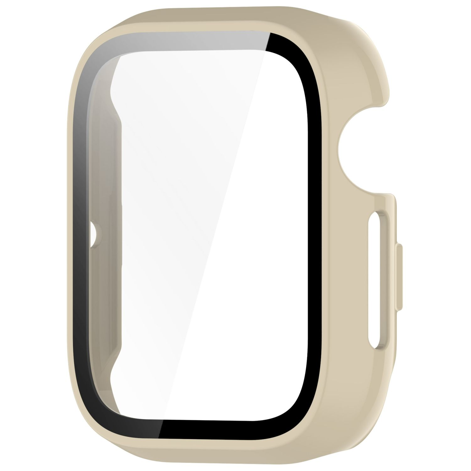 Beige Smartwatch-Gehäuse mit klarem Bildschirm, schwarzem Rand, isoliert auf Weiß.