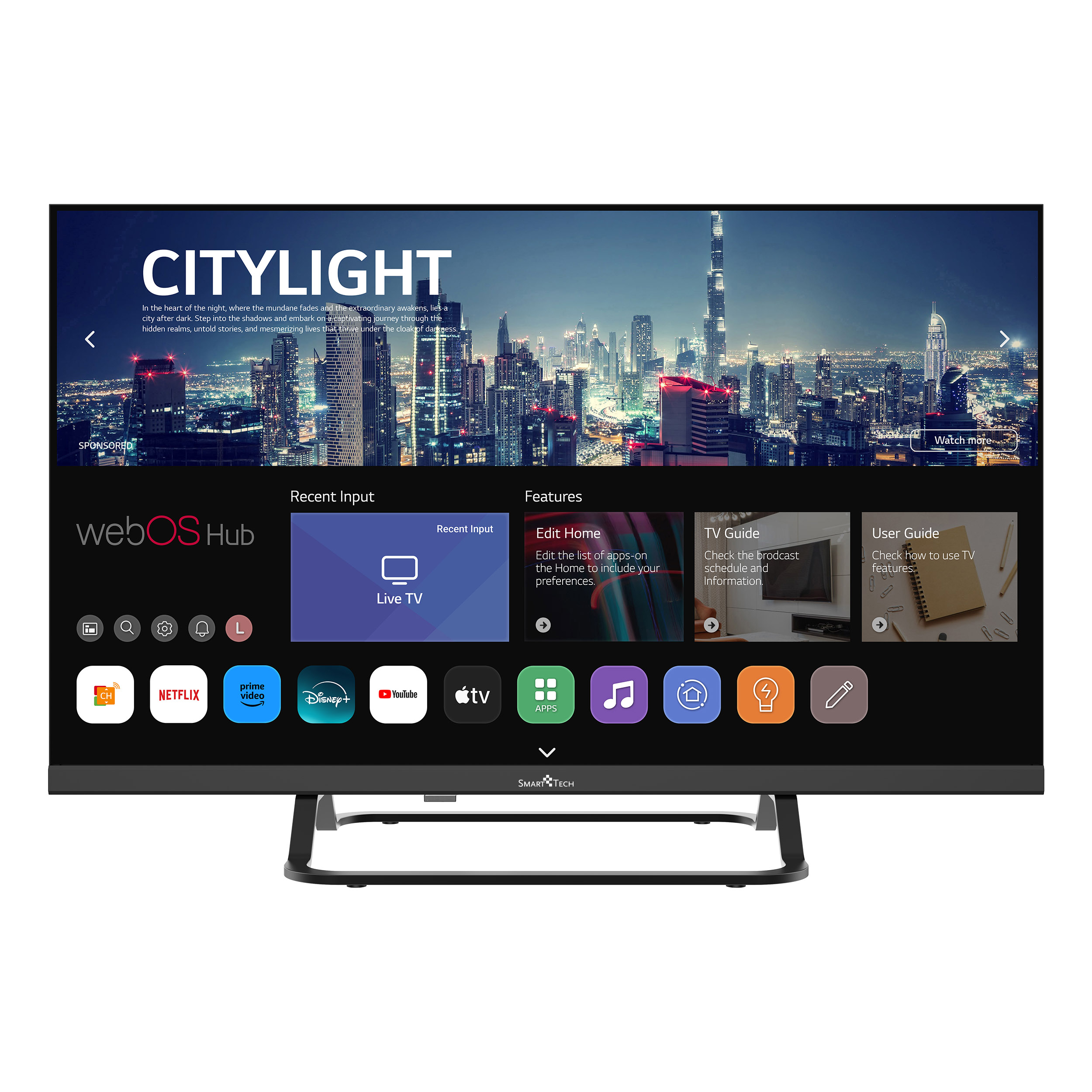 Un televisore che mostra un paesaggio urbano e l'hub webOS. Vengono mostrate funzioni e input recenti.