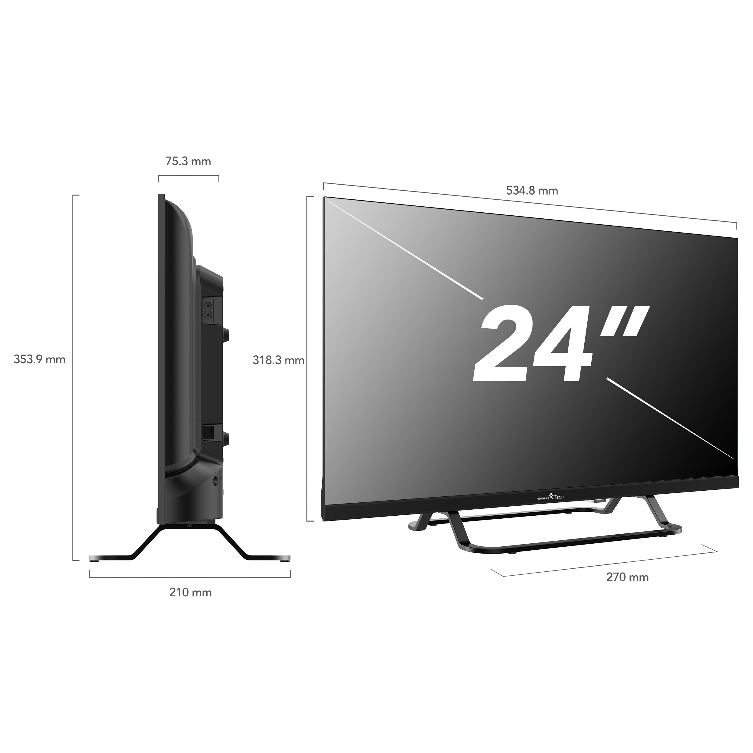 Una TV da 24 pollici con dimensioni indicate. Nera con supporto, su sfondo bianco.