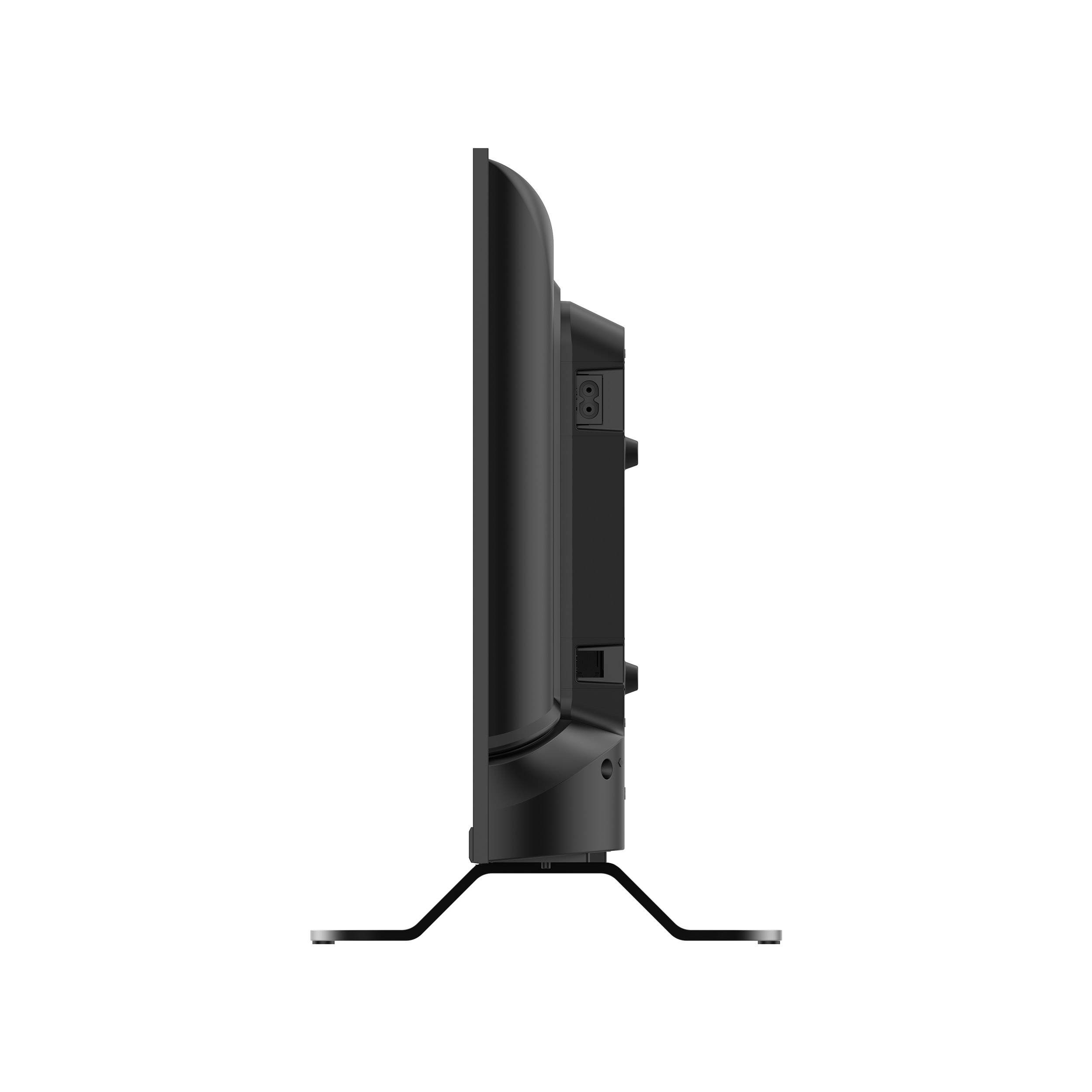 Una TV nera, vista laterale, con supporto. La TV è su sfondo bianco.