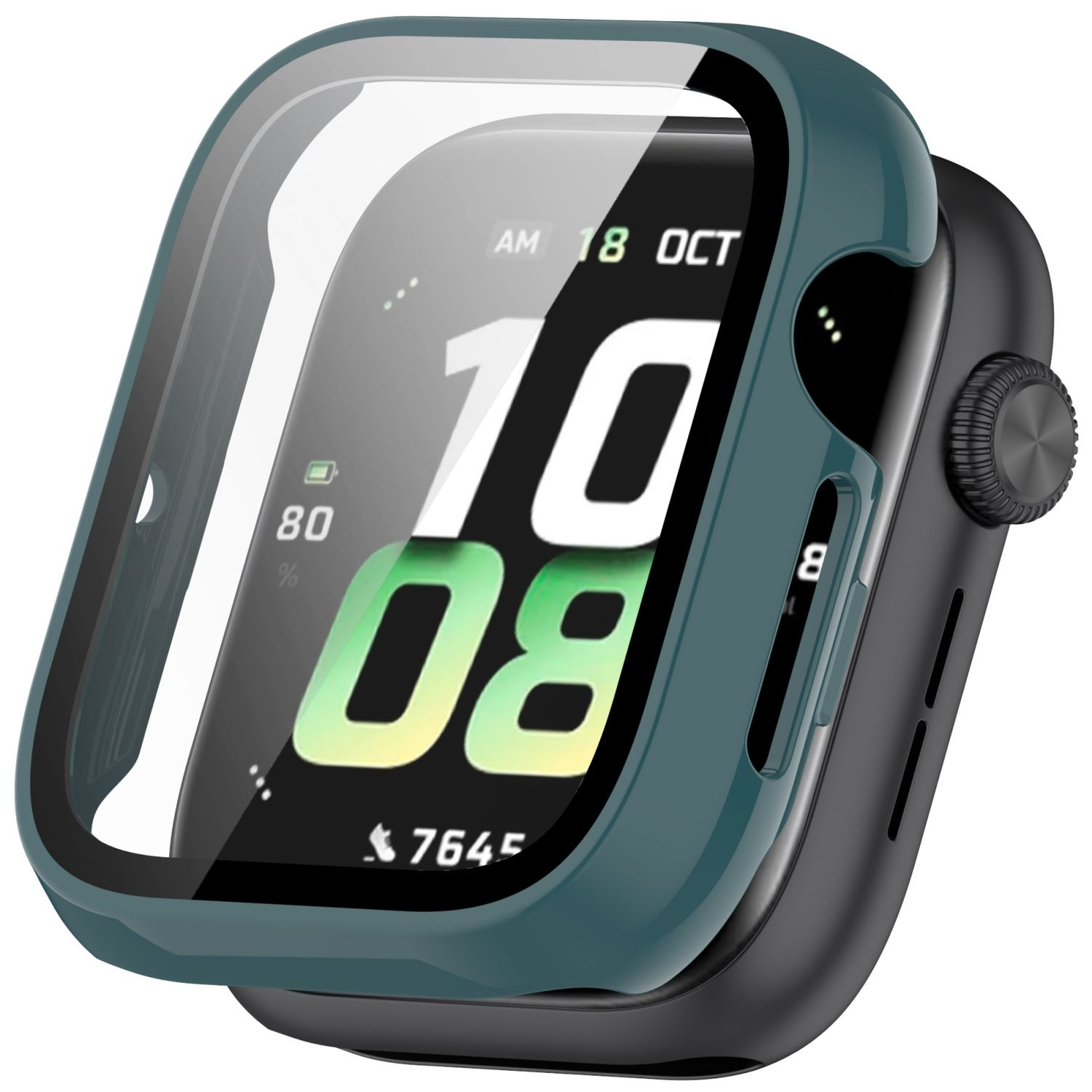 Una custodia verde acqua che copre uno smartwatch. L'orologio mostra l'ora, la data e la percentuale della batteria.