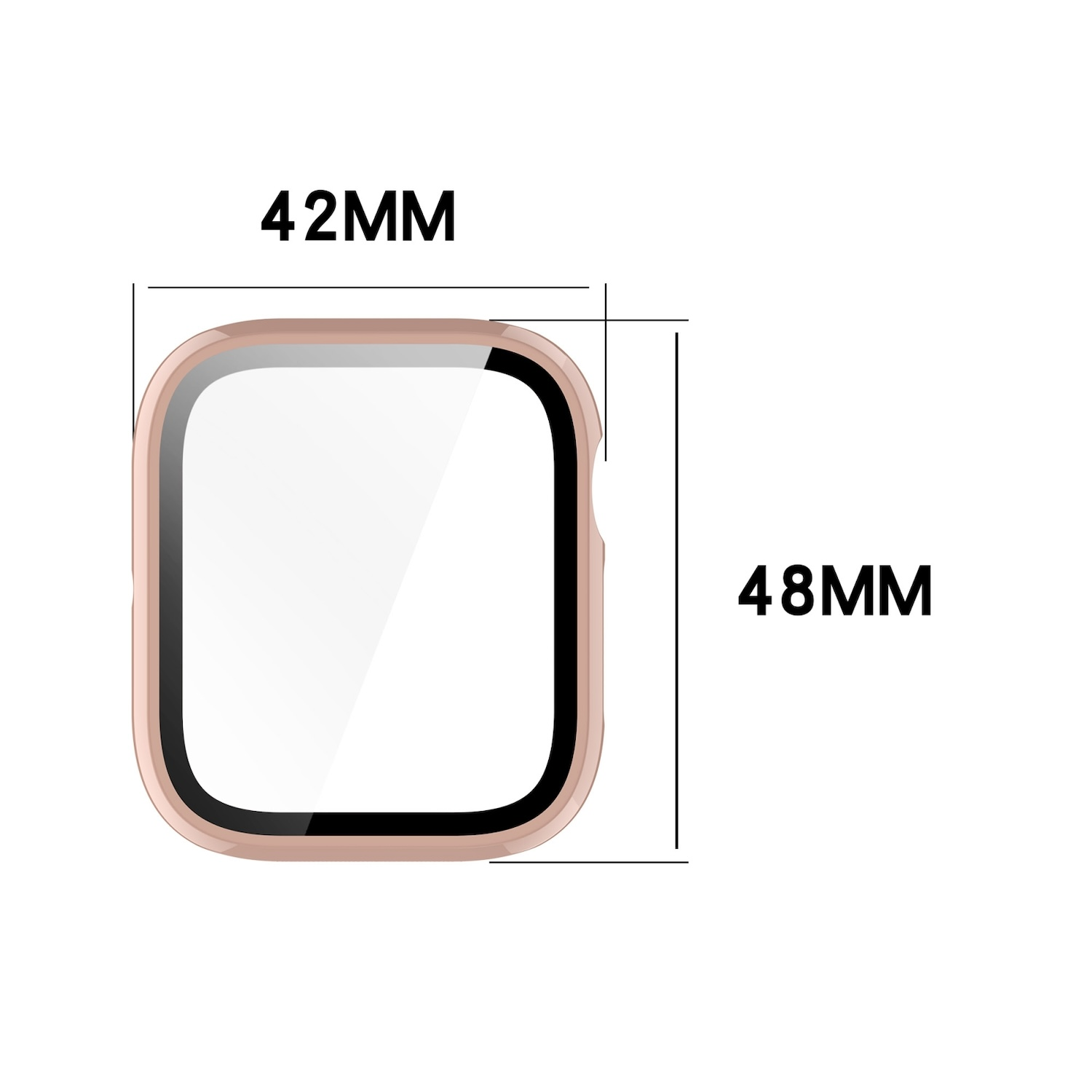Eine quadratische Uhrenbildschirmschutzhülle mit den Abmessungen 42 mm x 48 mm, auf weißem Hintergrund.