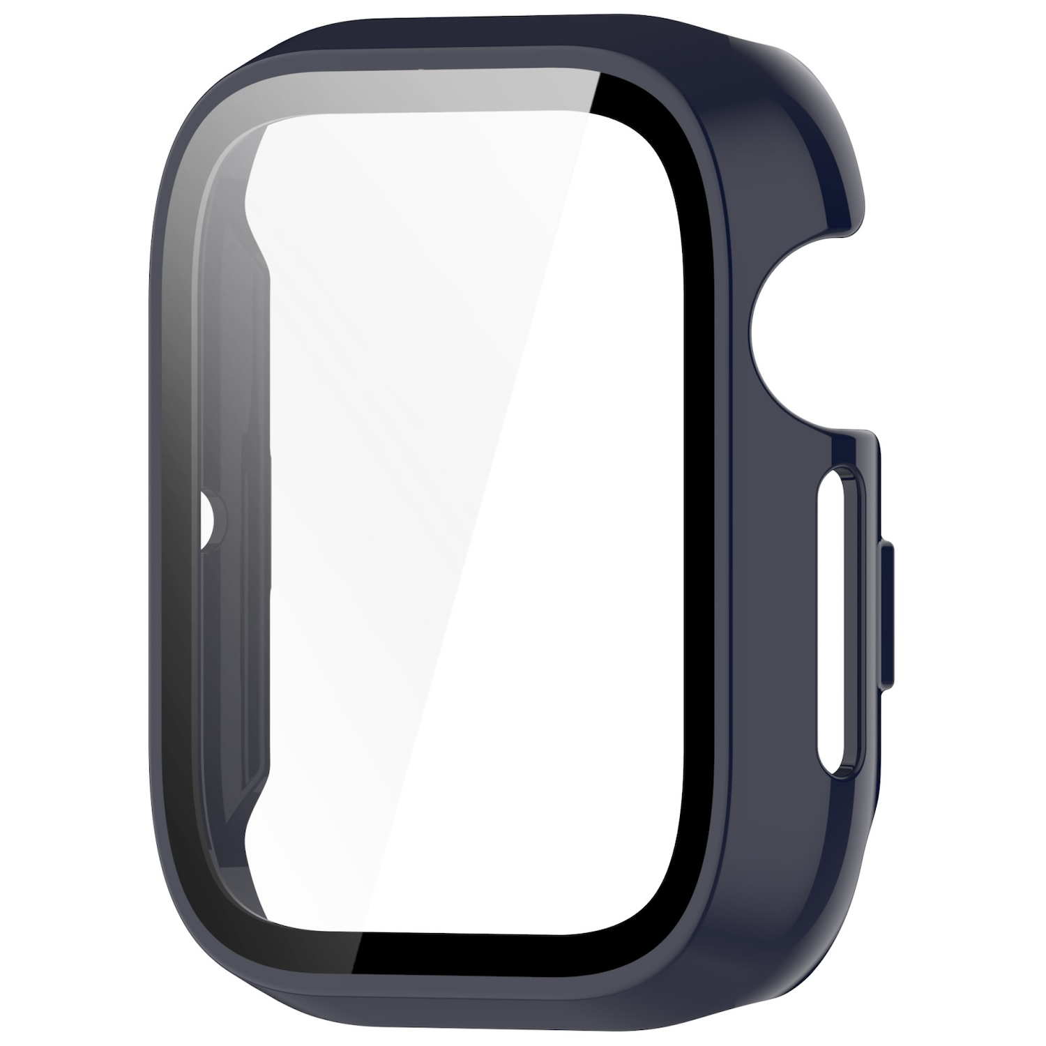 Dunkelblaue Smartwatch-Hülle mit transparentem Bildschirm auf weißem Grund.