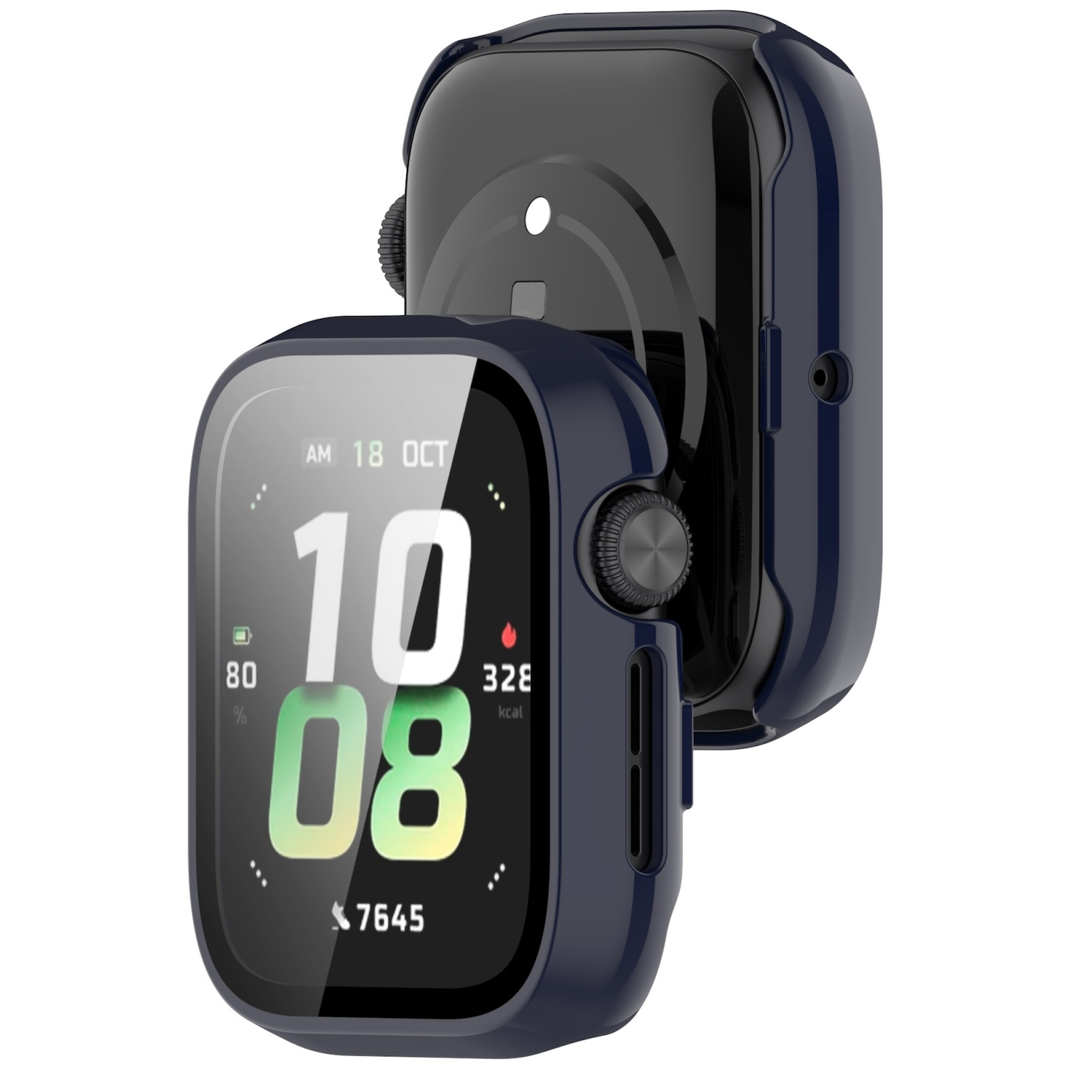 Smartwatch mit dunkelblauem Gehäuse, zeigt Zeit und Akku an.