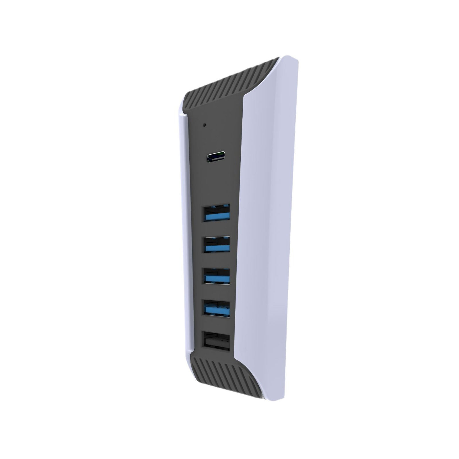 Ein weiß-schwarzer USB-Hub mit mehreren blauen USB-Anschlüssen. Er steht aufrecht.