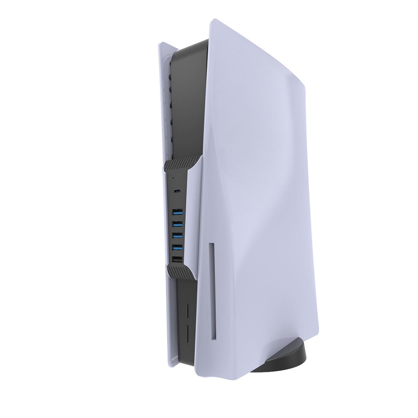 Eine weiße PlayStation 5-Spielkonsole, die aufrecht steht. Die Konsole ist überwiegend weiß mit schwarzen Akzenten.