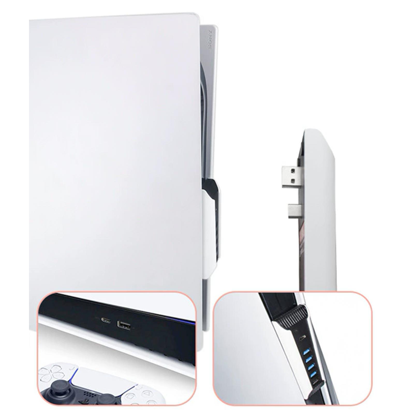 Weiße PlayStation 5 Konsole mit abgenommener Seitenverkleidung. Nahaufnahme der USB-Anschlüsse.