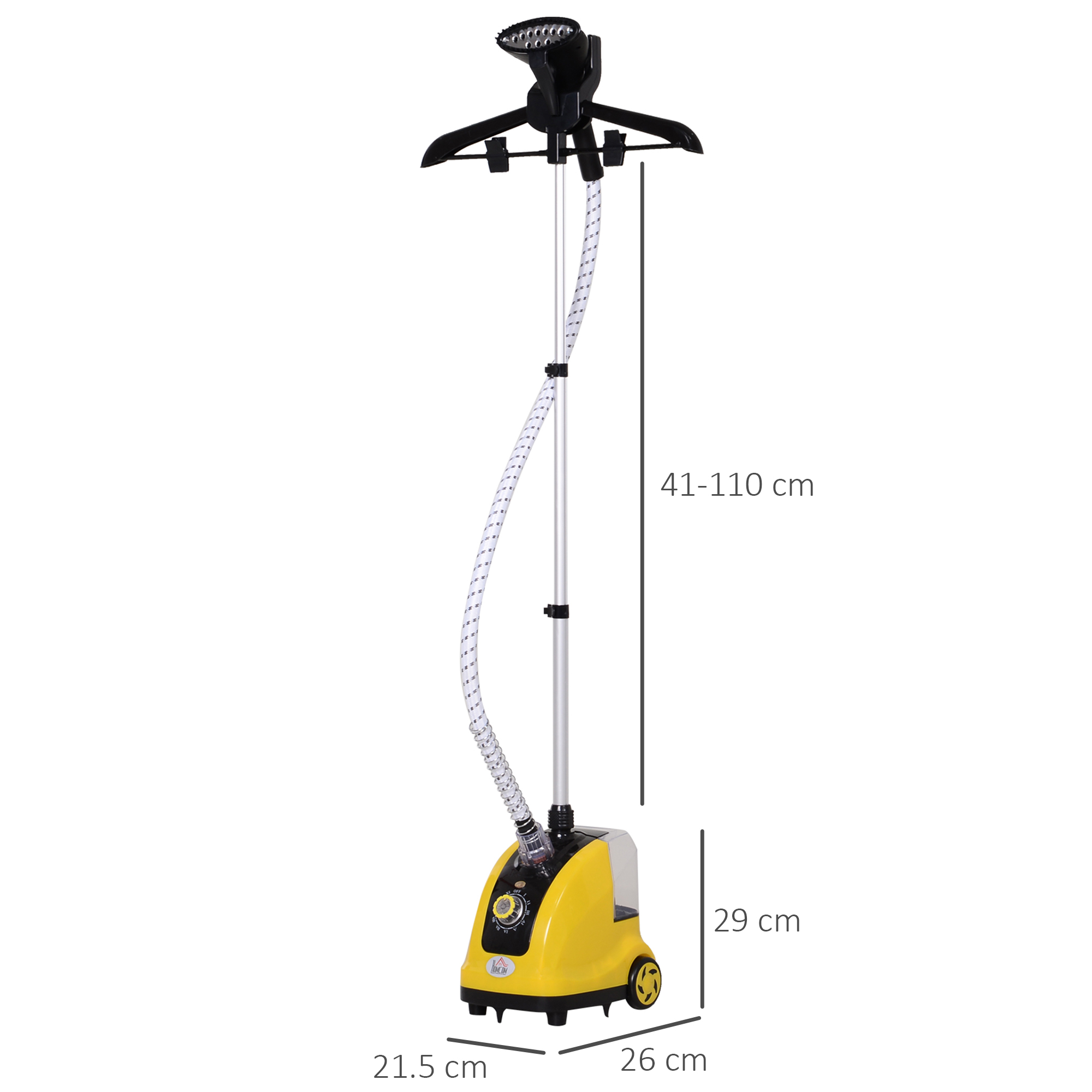 Vaporizzatore per indumenti giallo con gruccia nera. Misure: 41-110 cm altezza e 21,5x26 cm base.