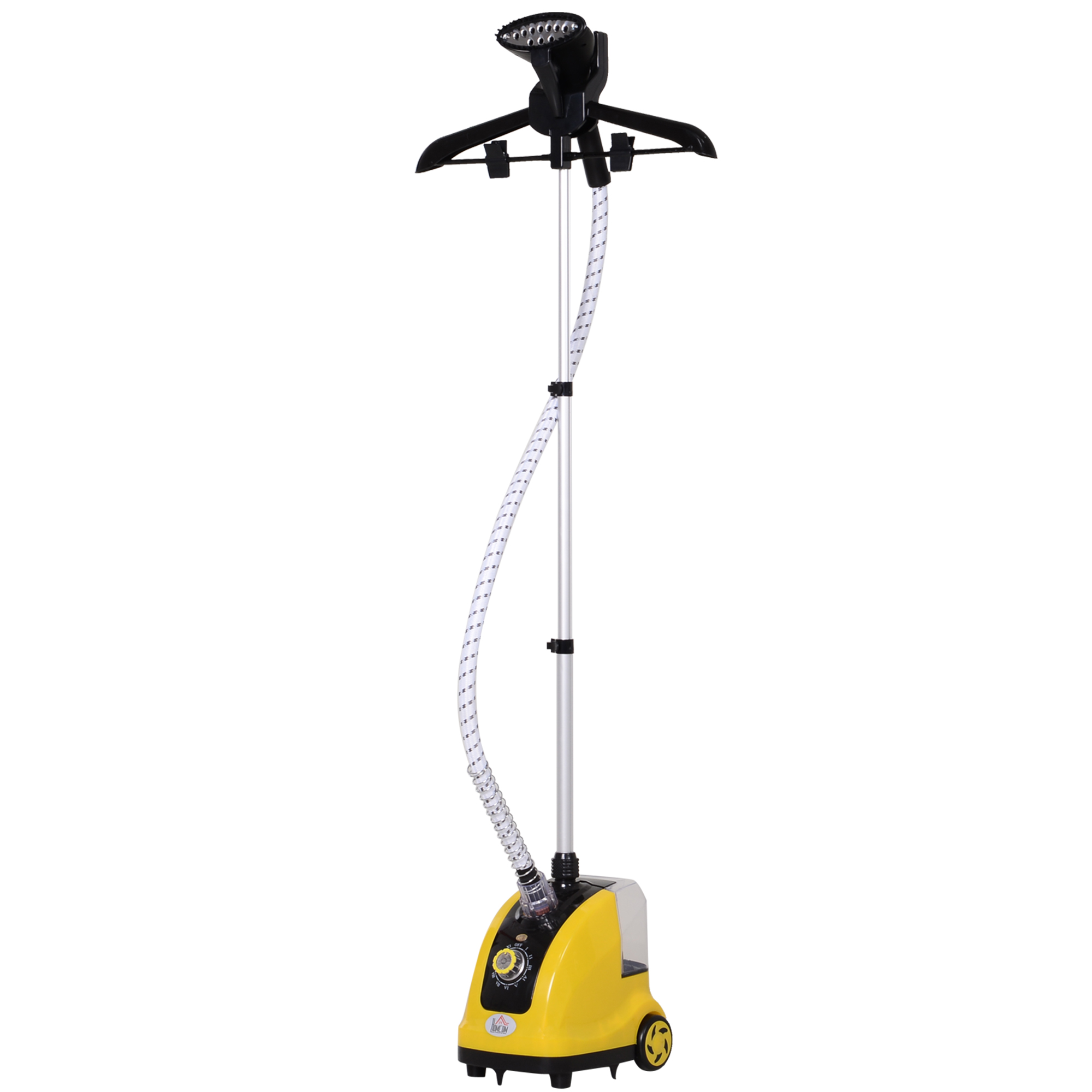 Un vaporizzatore per abiti giallo e nero. È un elettrodomestico alto e verticale con un lungo tubo.